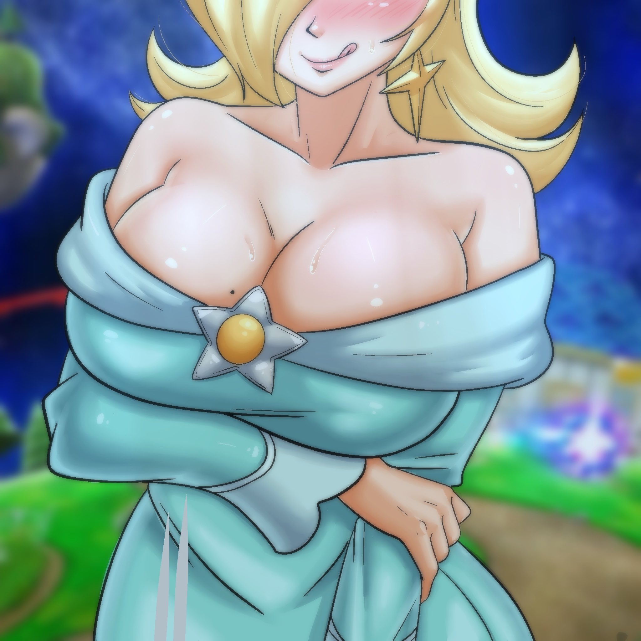 1girls, arm under breasts, big breasts, blonde hair, blue dress, blush, breast focus, breasts, cleavage, clothing, dress, ear piercing, earrings, eyes out of frame, female, female only, hair, huge breasts, long hair, mario (series), mole, mole on breast, nintendo, princess rosalina, solo, solo female, star earrings, super smash bros., sweat, sweatdrop, sweaty breasts, tongue, tongue out, upper body, upper body focus, wacum