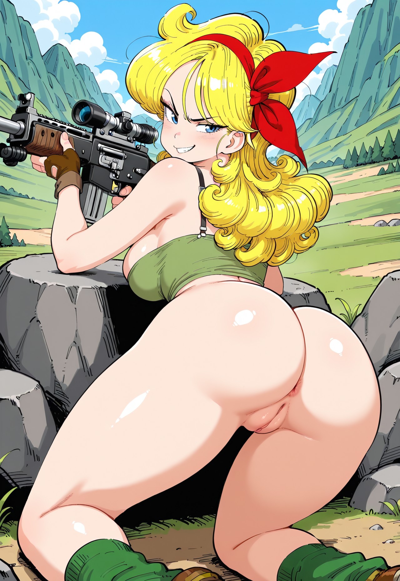 1girls, ai generated, anus, ass, bad launch, blonde hair, blue eyes, bottomless, dragon ball, female, gun, long hair, looking at viewer, looking back, lunch (dragon ball), pussy, smile, wavy hair