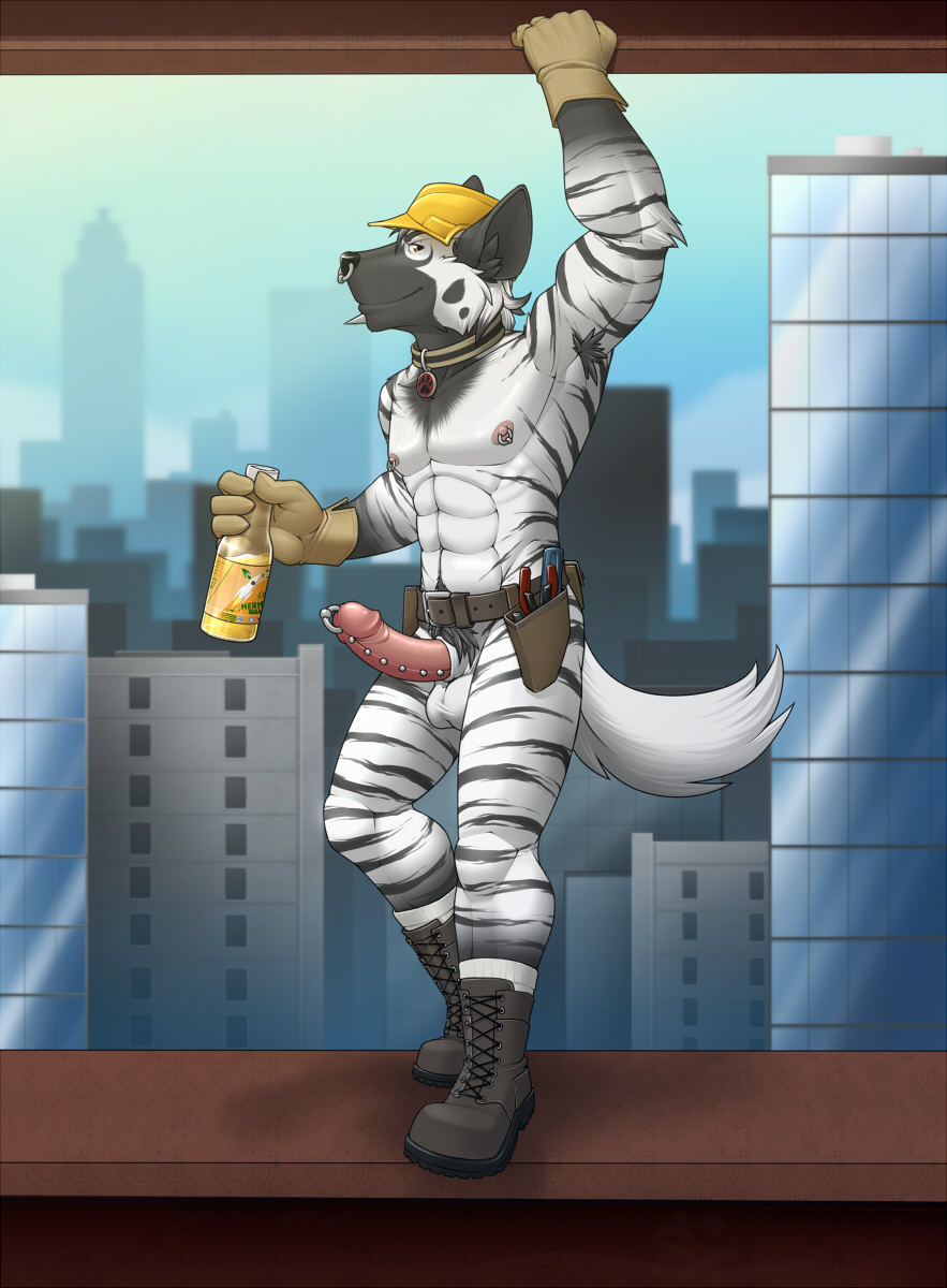 2017 abs anthro armor armpit_hair balls belt beverage biceps black_fur black_nose black_stripes boots bottle building city clothing collar day detailed_background facial_piercing footwear frenum_ladder frenum_piercing front_view full_body genital_piercing glans hard_hat helmet highres holding_bottle holding_object humanoid_penis hyena inner_ear_fluff lip_piercing looking_at_viewer male male_only mammal mostly_nude multicolored_fur muscles muscular_male nipple_piercing nipples nose_piercing nose_ring outdoors pecs penis penis_piercing piercing pink_nipples pink_penis portrait prince_albert_piercing pubic_hair raised_arm septum_piercing sky smile smirk solo standing stonecircle striped_fur striped_hyena stripes two_tone_fur utility_belt white_balls white_fur white_tail