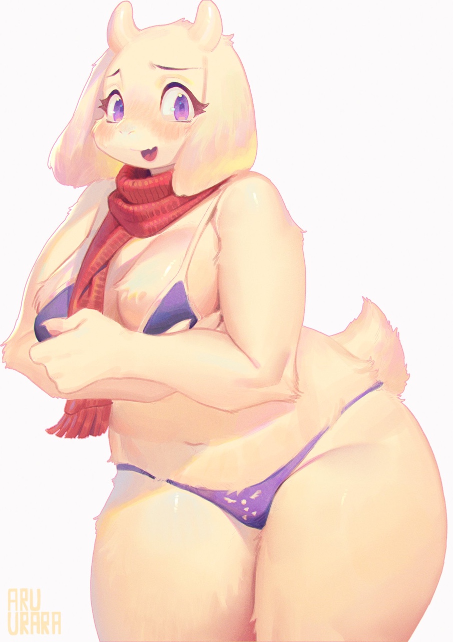 2017, anthro, aruurara, big breasts, bikini, boss monster (undertale), bovid, breasts, caprine, clothed, clothing, curvy figure, female, fur, hi res, horn, long ears, looking at viewer, mammal, navel, purple bikini, purple clothing, purple eyes, purple swimwear, scarf, simple background, slightly chubby, slightly chubby female, solo, standing, swimwear, thick thighs, toriel, two-piece swimsuit, undertale, undertale (series), voluptuous, white background, white body, white fur