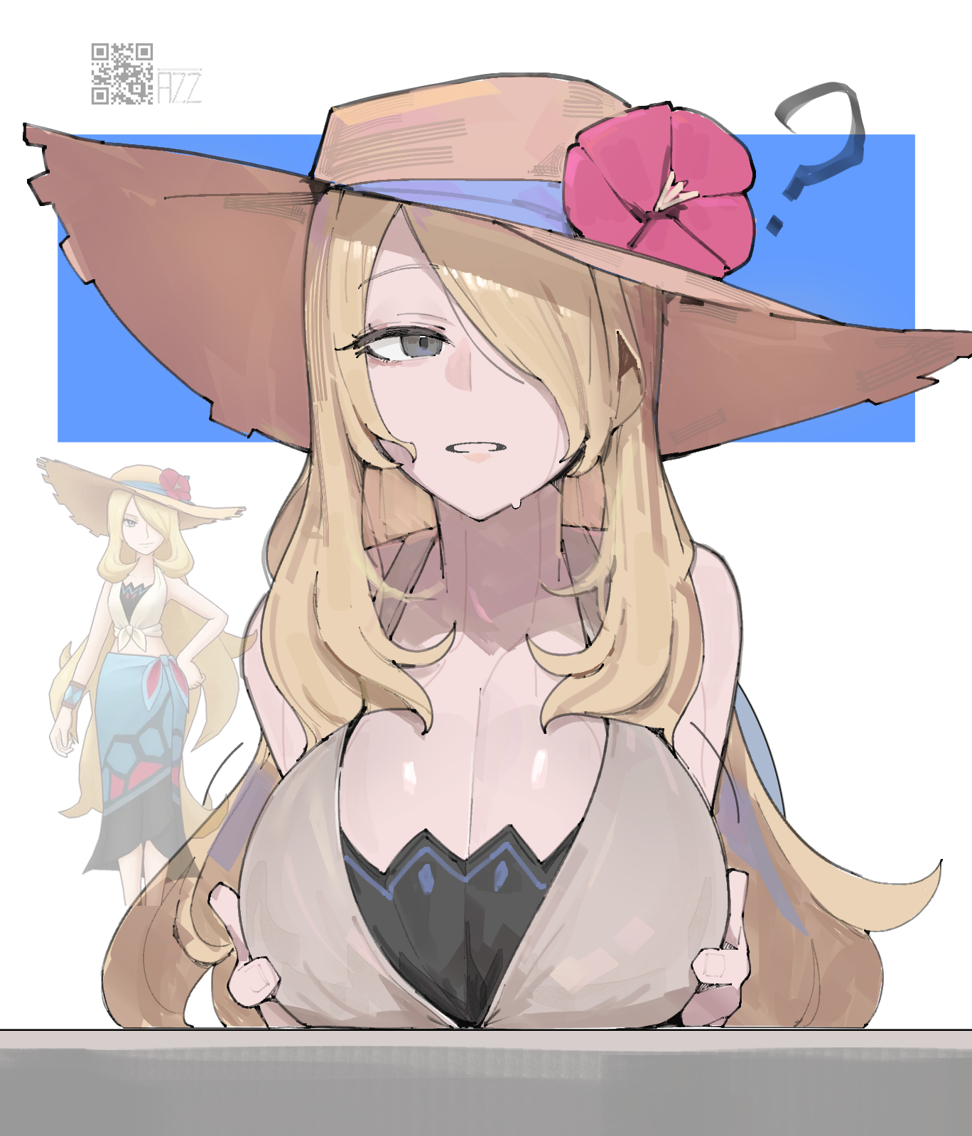 ?, alternate breast size (larger), azz0422, bare shoulders, bikini, blonde hair, blue sarong, breast rest, breasts, brown hat, cleavage, crop top, cynthia (pokemon), cynthia (summer 2025) (pokemon masters), female, female only, flower, game freak, grey eyes, hair over one eye, hat, hat flower, highres, large breasts, long hair, looking at viewer, nintendo, official alternate costume, open mouth, pokemon, pokemon masters, pokemon masters ex, sarong, shirt, sun hat, swimsuit, tied shirt, very long hair