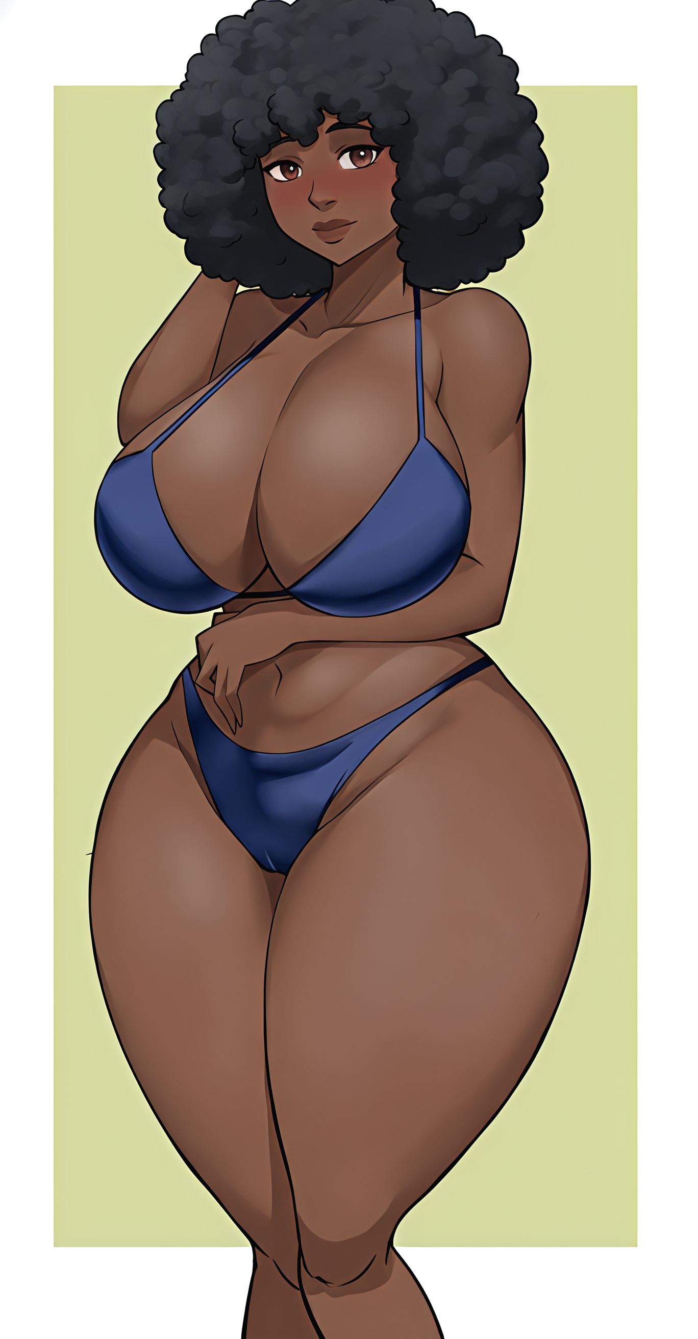 1girls, african female, afro, ai generated, big breasts, bikini, black female, black hair, black woman, blue bikini, blushing, blushing at viewer, breasts, brown eyes, cleavage, dark skin, dark-skinned female, ebony, ebony female, female, female only, hands behind head, huge breasts, looking at viewer, mrtecta, original, original character, solo, solo female, thick, thick lips, thick thighs, thighs