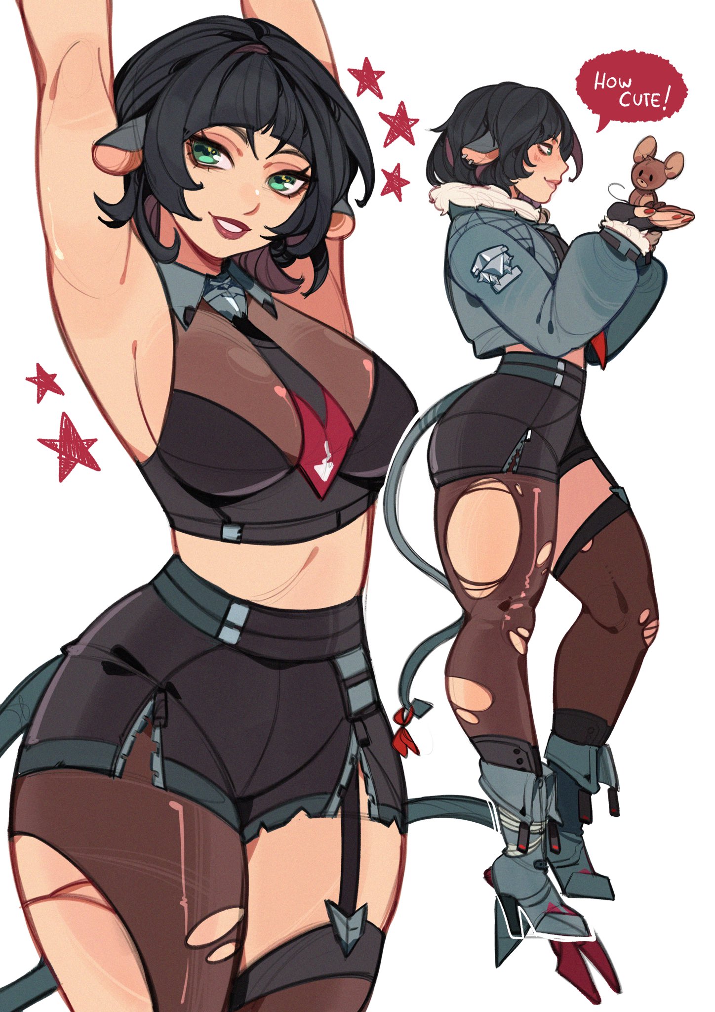 2025, animal, animal ears, aqua eyes, armpits, arms up, black hair, boots, breasts, crop top, ear piercing, english text, female, high heel boots, high heels, highres, holding, holding animal, jacket, jane doe (zenless zone zero), jerry mouse, kamii momoru, lipstick, looking at viewer, makeup, medium breasts, midriff, mouse ears, mouse girl, multiple views, necktie, pantyhose, piercing, red nails, side view, smiling, smiling at viewer, speech bubble, standing, tail, thick thighs, thighhighs, tom and jerry, torn clothes, torn pantyhose, white background, zenless zone zero, zipper, zipper shorts
