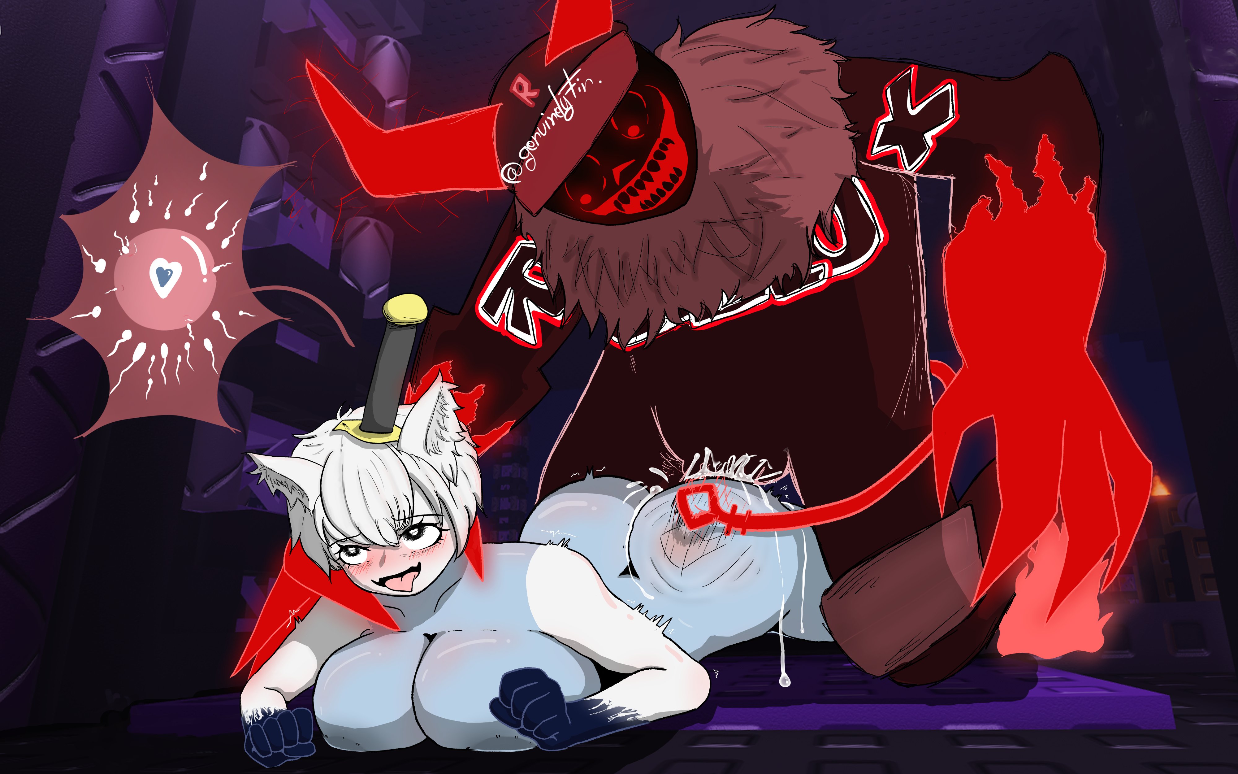 1boy, 1girls, dominant male, female, femtanyl, forsaken (roblox), genuinelyfin, guest 666 (forsaken), implied sex, impregnation, male, penetration, pinned down, roblox, roblox game, robloxian, straight, tagme, token (femtanyl), token (forsaken)