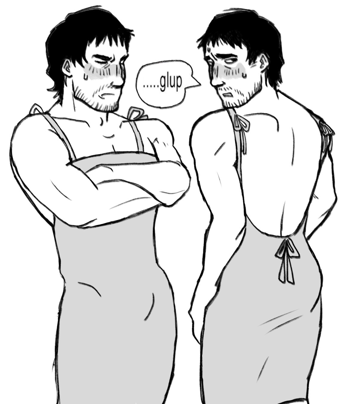 alternate costume, blush, body hair, crossdressing, crossed arms, dilf, embarrassed, english text, facial hair, ham bagel, immortal man (no, i'm not a human), looking at viewer, looking back, lost in the roots, male, male only, mature, mature male, monochrome, no, i'm not a human, solo, sweatdrop, yakob (lost in the roots)