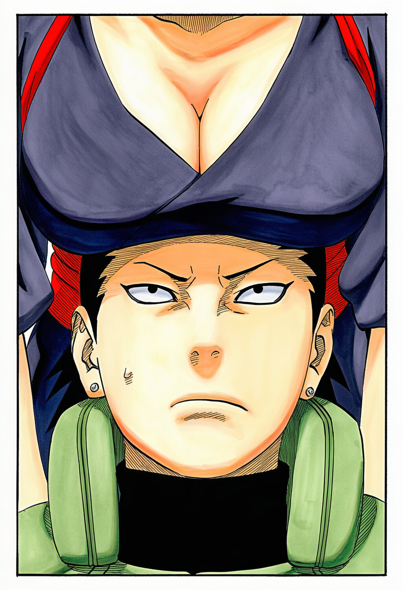 1boy, 1girls, 2026, 2d, 2d (artwork), accurate art style, ai generated, annoyed, annoyed expression, annoyed face, big breasts, black hair, blonde hair, breast focus, breast press, breasts, breasts on head, breasts out, canon couple, cleavage, close-up, clothed, clothed female, clothing, couple, crabscab, exposed breasts, female, female focus, flashing, flashing breasts, head out of frame, headband, high resolution, human, human only, kimono, light skin, light-skinned female, male, manga style, masashi kishimoto style, nara shikamaru, naruto, naruto (series), naruto shippuden, nipple, no bra, no sex, open mouth, oppai, parted lips, pinup, plain background, ponytail, presenting, presenting breasts, quad tails, realistic breast size, showing breasts, simple background, solo focus, teasing, teasing viewer, teasing with breasts, teenage boy, teenage couple, teenage girl, teenager, temari, thigh, uncensored, undressing, upper body, white background