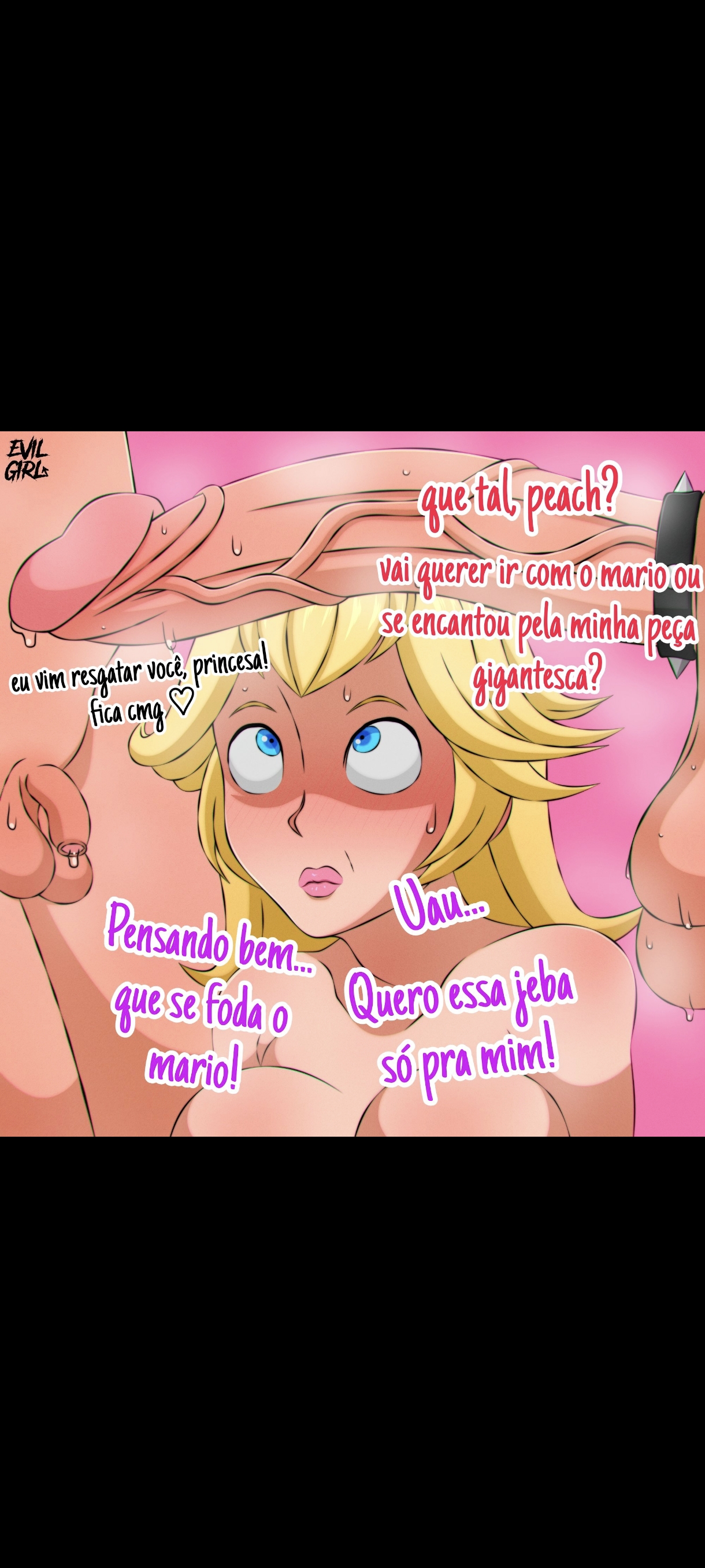 1girls, 2boys, black bars, blonde female, blonde hair, blue eyes, bowser, breasts, cuckold, evilgirl, female, large breasts, looking at penis, male, mario (series), mario bros, multicolored text, penis, penis awe, penis size difference, portuguese text, princess, princess peach, small penis, small penis humiliation, text