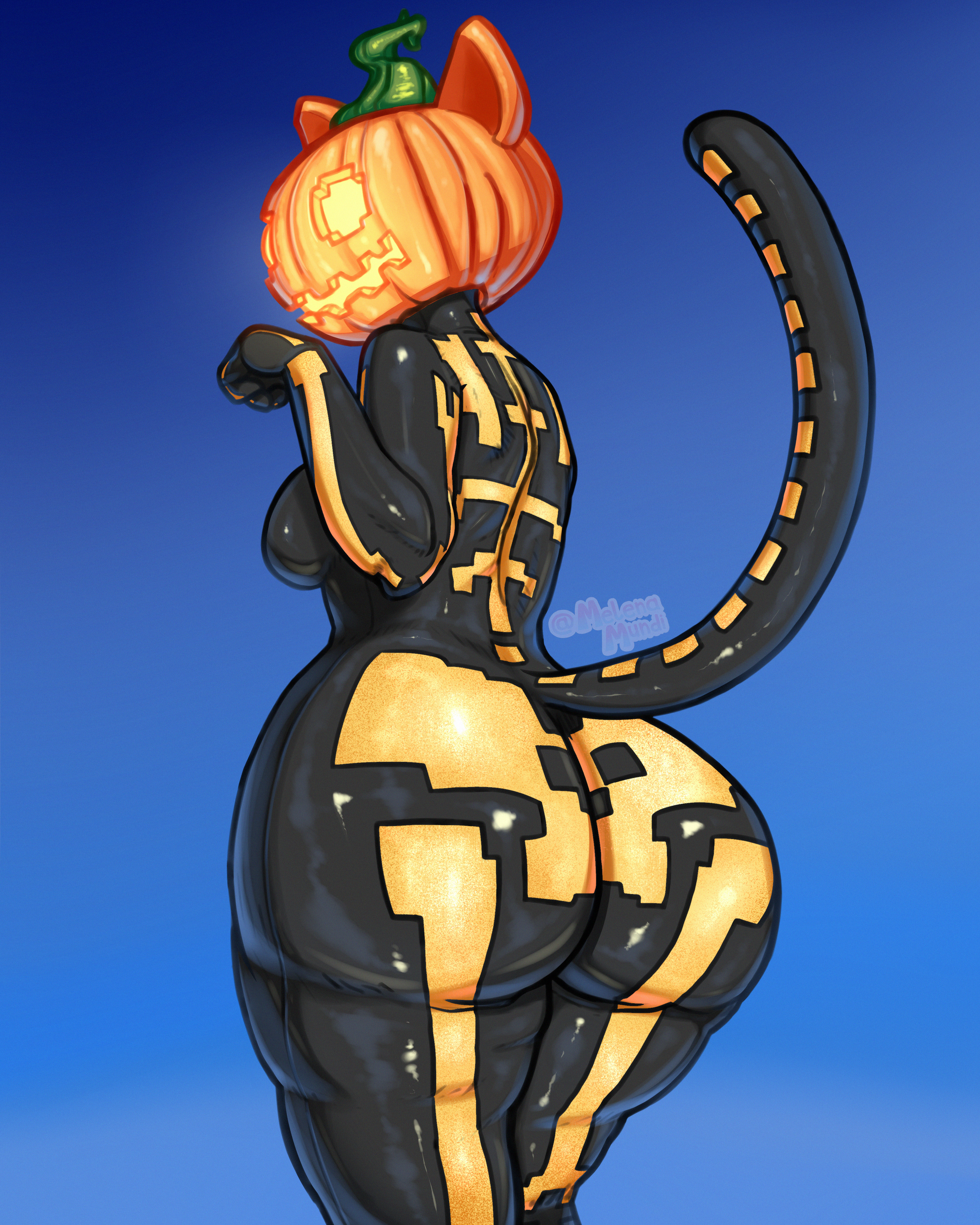 1girls, abstract background, big ass, big thighs, black bodysuit, bodysuit, breasts, cat tail, curvaceous, curvaceous female, curvy, curvy figure, digital media (artwork), epic games, female, female only, fortnite, fortnite: battle royale, fortnitemares, hips, hips wider than shoulders, huge ass, huge thighs, large ass, large thighs, latex, legs, looking at viewer, looking back, melenamundi, pattern clothing, pumpkin, pumpkin head, sexy pose, shiny clothes, sideboob, spice (fortnite), thick, thick hips, thick legs, thick thighs, thighs, viewed from behind, voluptuous, waist, wide hips, wide thighs