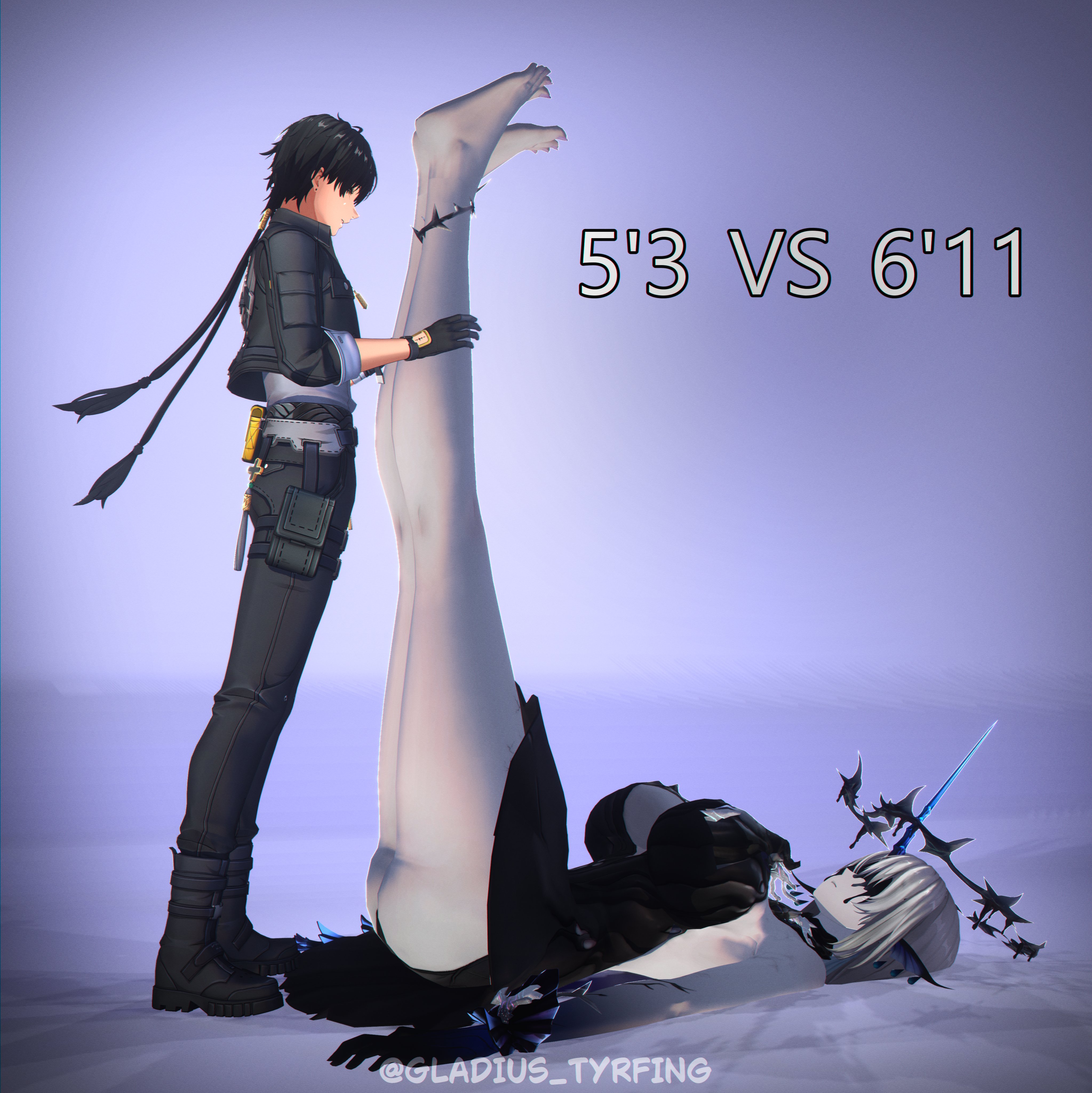 1boy, 1girls, ass, big boobs, big breasts, bigger female, black hair, black hair male, blonde female, blonde hair, blonde-haired female, breasts, female, fleurdelys (wuthering waves), giantess, gladius tyrfing, height difference, large female, larger female, light skin, light-skinned female, light-skinned male, male, male rover (wuthering waves), mini giantess, npc, npc (wuthering waves), rover (wuthering waves), shorter male, size difference, smaller male, tacet discord (wuthering waves), taller female, taller woman, threnodian (wuthering waves), wuthering waves