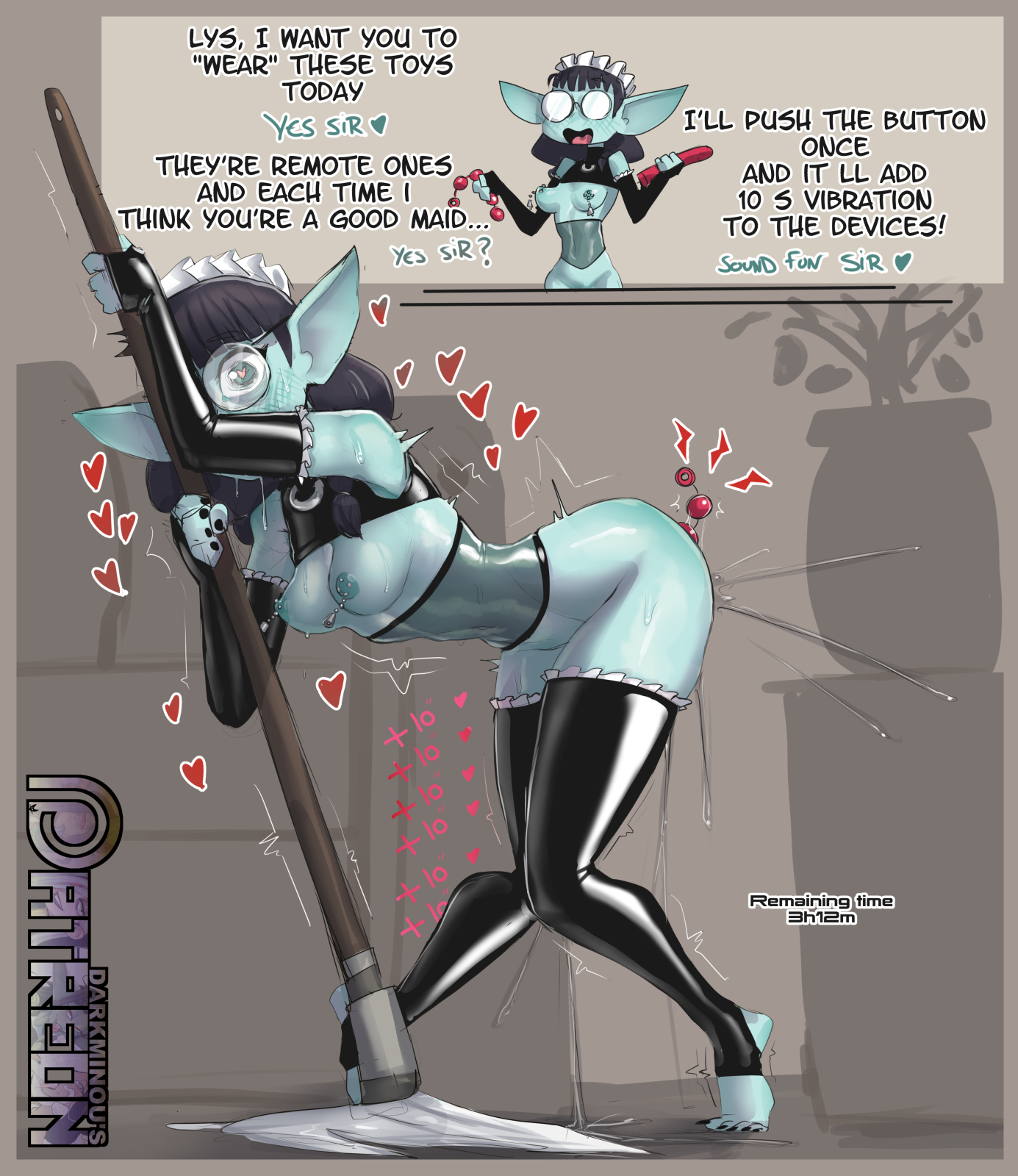 1girls, 2koma, anal beads, anal beads in ass, areolae, armwear, aroused, bent over, black hair, blue skin, blush, breasts, broom, darkminou, dialogue, dildo, english, english text, eyes open, female, female only, fingerless elbow gloves, glasses, goblin, goblin female, green eyes, heart, heart-shaped pupils, hi res, knees together feet apart, legwear, looking at viewer, lys (darkminou), maid, maid headdress, maid outfit, nipple piercing, nipple weights, nipples, no panties, pointy ears, pussy, pussy juice, pussy juice drip, remote control vibrator, round glasses, sex toy, skimpy, skimpy clothes, small breasts, solo, text, tiptoes, toeless legwear, toes, trembling, vibrator, vibrator in pussy, voluptuous