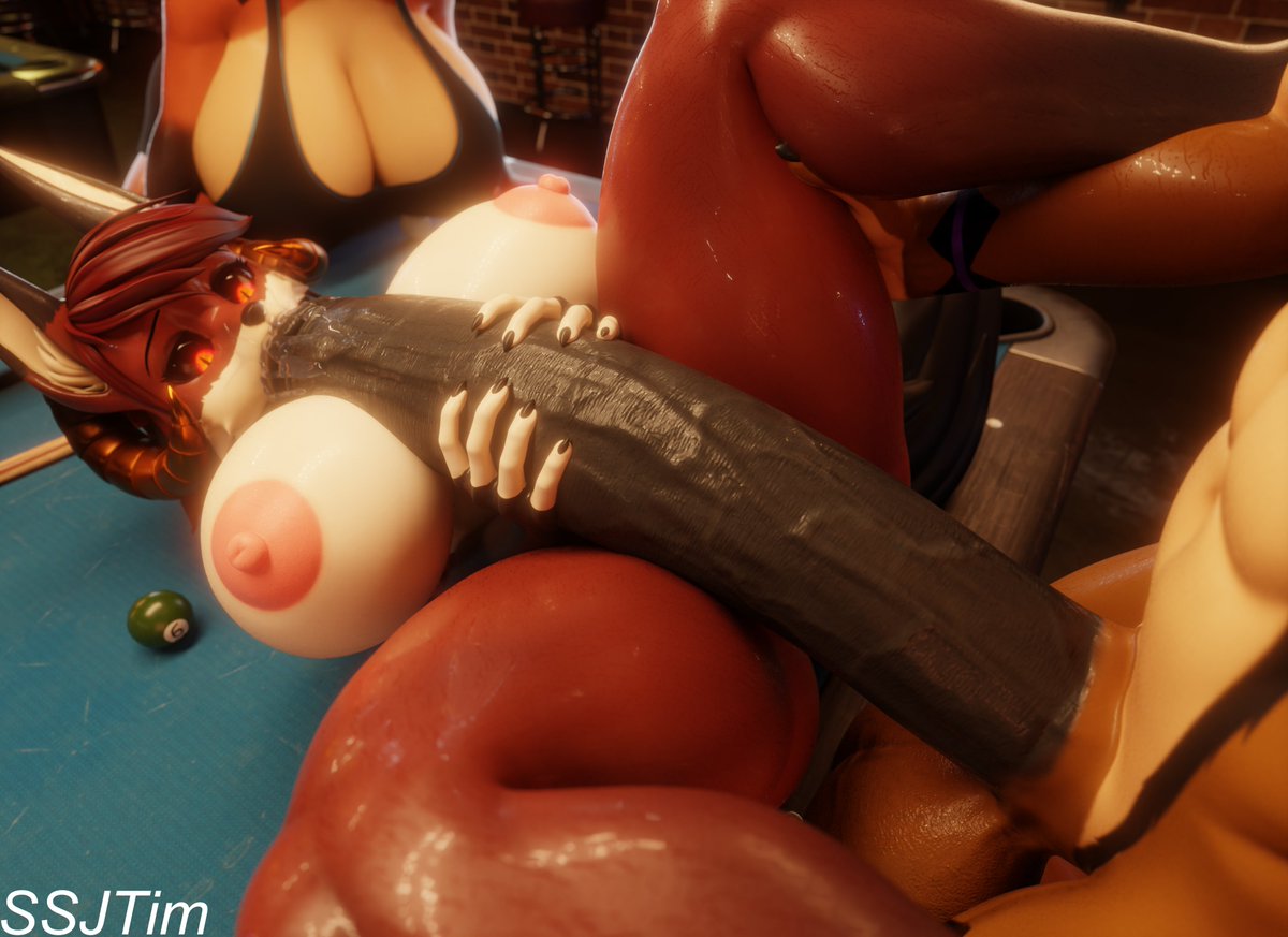 2girls, absurdly large cock, breasts, fellatio, female, horns, huge breasts, huge cock, hyper penis, it'll never fit, long penis, male, massive penis, penis, penis between breasts, pool table, red eyes, red hair, saliva on penis, sports bra, ssjtim, sucking penis, sucking tip, tim (ssjtim), titjob, tomoe (shiretsuna)