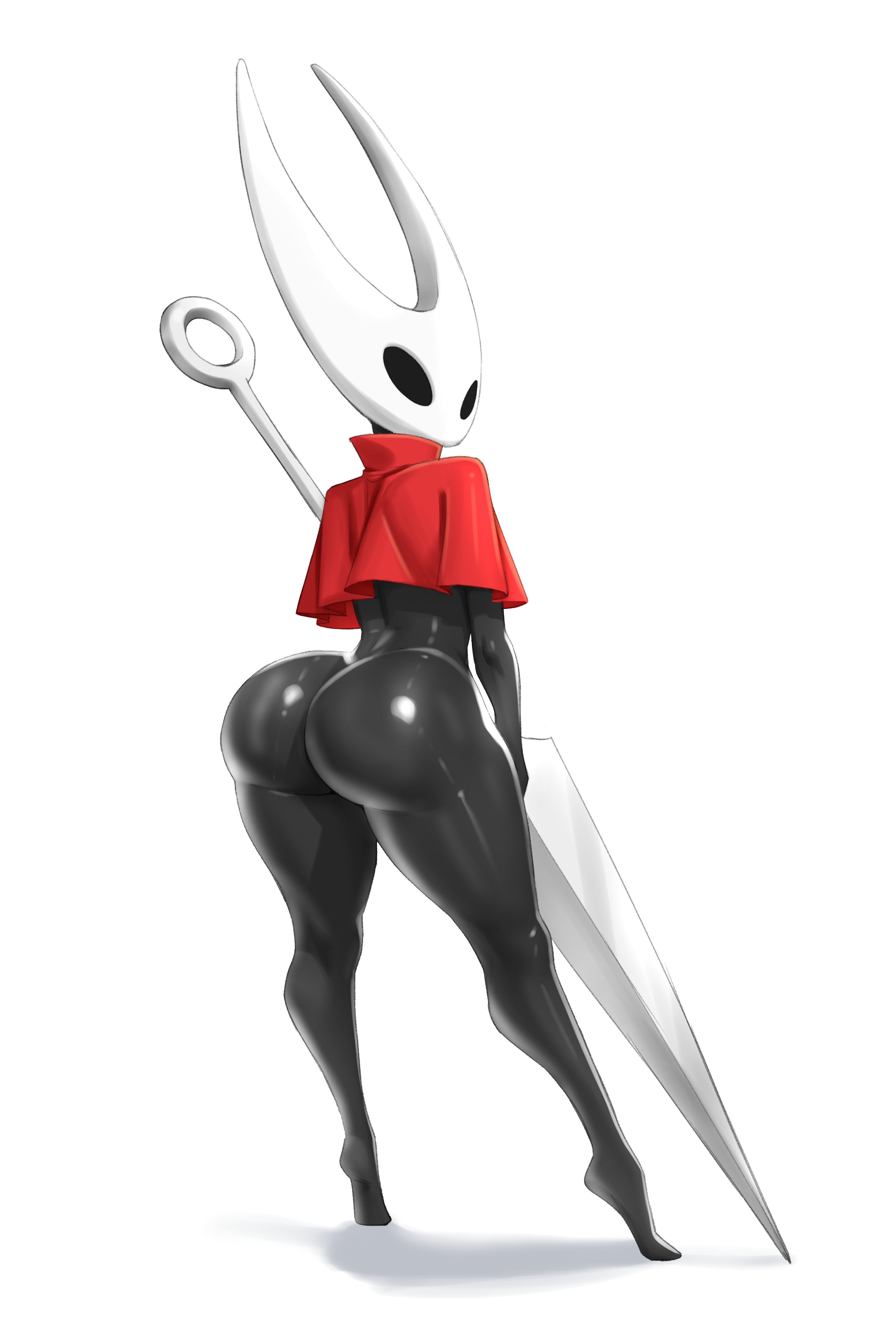 absurdres, ass, black bodysuit, bodysuit, cloak, female, female only, full body, highres, holding, holding weapon, hollow knight, hollow knight: silksong, hornet (hollow knight), looking at viewer, looking back, needle (hollow knight), red cloak, simple background, solo, tiptoes, toomy woomy, toomywoomy, weapon, white background, white mask