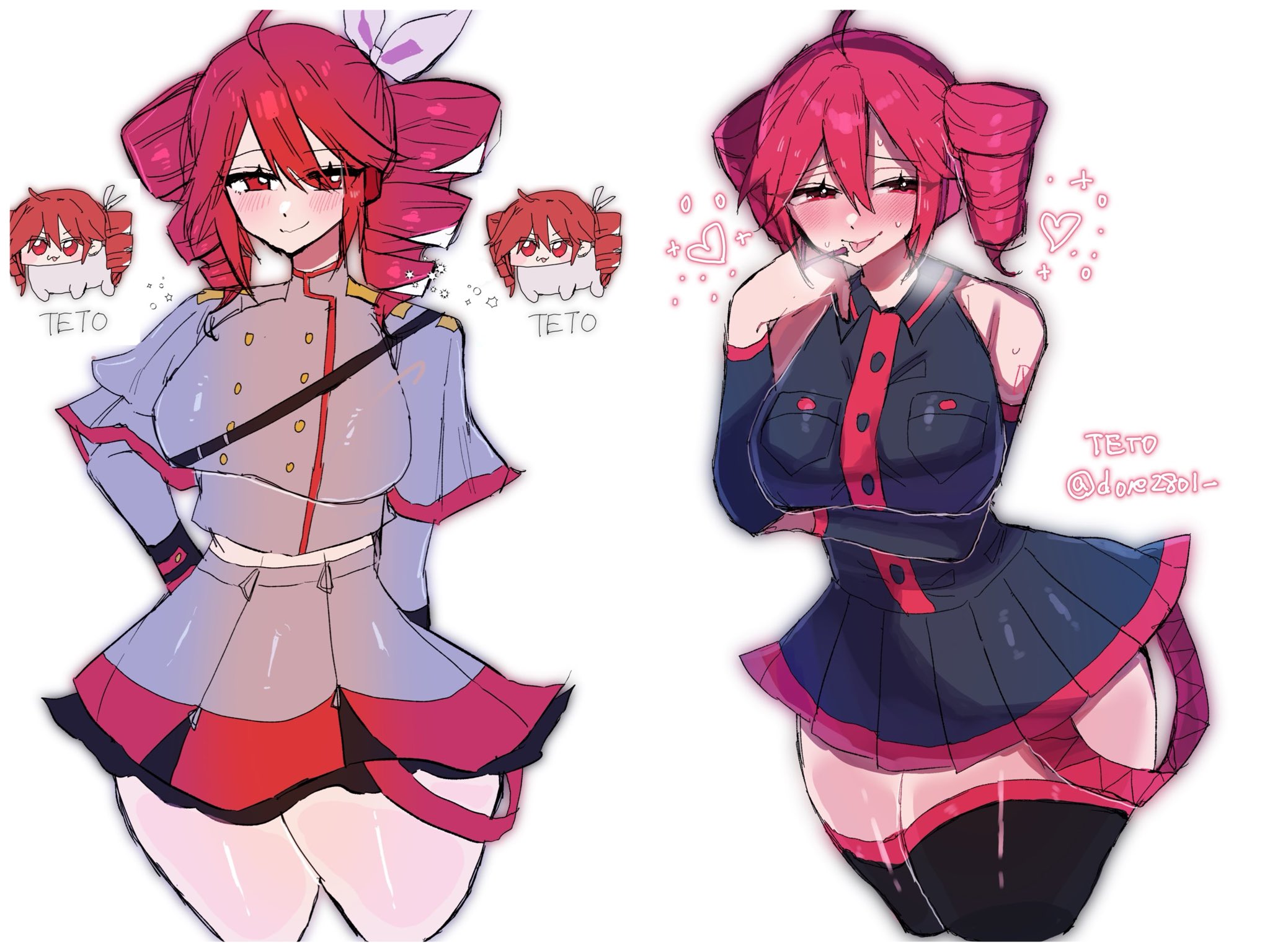 1girls, 2d, 2d (artwork), ahoge, arm under breasts, artist name, big breasts, big thighs, blush, blush lines, breasts, breath cloud, clothed, clothed female, clothing, crop top, cropped jacket, curvaceous, curvy, curvy female, curvy figure, detached sleeves, dore2801, doro (nikke), exposed belly, fat thighs, female, female only, fully clothed, hair ornament, hairbow, half-closed eyes, headgear, heart, hearts around head, hourglass figure, huge breasts, huge thighs, kasane teto, kasane teto (sv), large breasts, large thighs, massive thighs, meme, miniskirt, plump, plump thighs, red eyes, red hair, shiny clothes, shiny skin, simple background, skirt, slim waist, small waist, solo, solo female, steam, steamy breath, sweat, sweating, synthesizer v, thick thighs, thighhighs, thighs, tongue, tongue out, twin drills, utau, voluptuous, voluptuous female, white background, wide hips