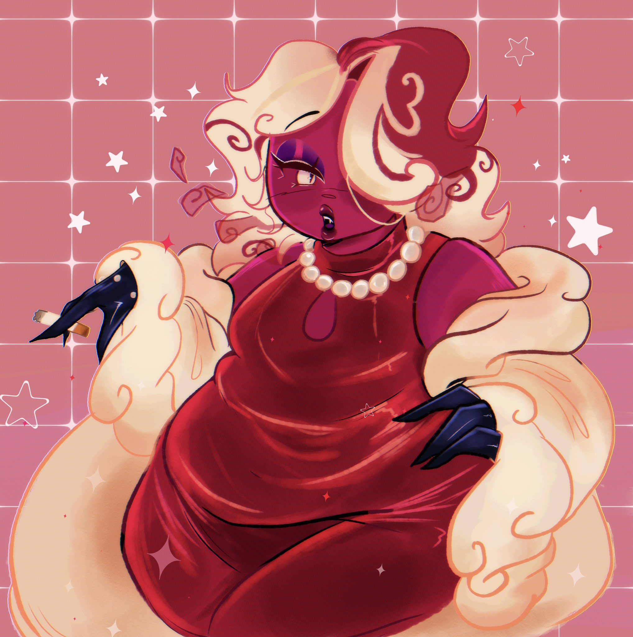 1boy, adorable, affogato cookie, alternate body type, alternate hairstyle, beautiful, belly, black gloves, chubby, chubby femboy, chubby male, cigarette, clothed, clothed male, cookie, cookie humanoid, cookie run, cookie run kingdom, cute, dark skin, dark-skinned male, devsisters, dress, femboy, food creature, food humanoid, fully clothed, girly, girly boy, gloves, lipstick, long gloves, long nails, makeup, male, male only, momo muff1n, red dress, smoking, solo, solo male, twink, white hair