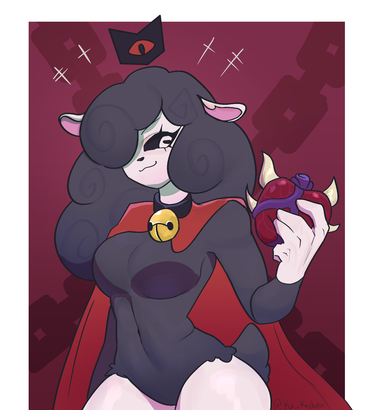 1female, 1girl, 1girls, 2024, 2024s, 2025, 2025s, 2d, 2d (artwork), 2d artwork, anthro, anthro female, anthrofied, artist name, baba chops, baba chops (poppy playtime), bell collar, big breasts, black body, black eyes, black fur, black hair, black sclera, black sheep, black tail, black wool, blush, bovid, bovid humanoid, bovine, bovine ears, bovine girl, bovine humanoid, bovine tail, breasts, cape, caprine, caprine ears, caprine humanoid, choker, clothed, clothing, collar, cosplay, critters (poppy playtime), crossover cosplay, cult of the lamb, digital art, digital drawing, digital drawing (artwork), digital media, digital media (artwork), digital painting, digital painting (artwork), ears down, english, english text, eyelashes, female, female anthro, female focus, female only, fur, furry, furry female, hair, hair over one eye, hat, headgear, headwear, hi res, horizontal pupils, huge breasts, ki kidrew, lamb (cult of the lamb), lamb (cult of the lamb) (cosplay), large breasts, long black hair, long hair, mammal, massive monster (studio), mob entertainment, mob games, nightmare critters, no humans, one eye obstructed, pink inner ear, poppy playtime, poppy playtime (chapter 4), pupils, red cape, red crown (cult of the lamb), sheep, sheep ears, sheep girl, sheep humanoid, sheepgirl, sheeps, smile, smiling, smiling at viewer, smiling critters, solo, solo female, solo focus, tagme, tail, teeth, text, thick thighs, thighs, video games, white ears, white eyes, white face, white pupils, white skin, wide hips, wool, wool (fur)