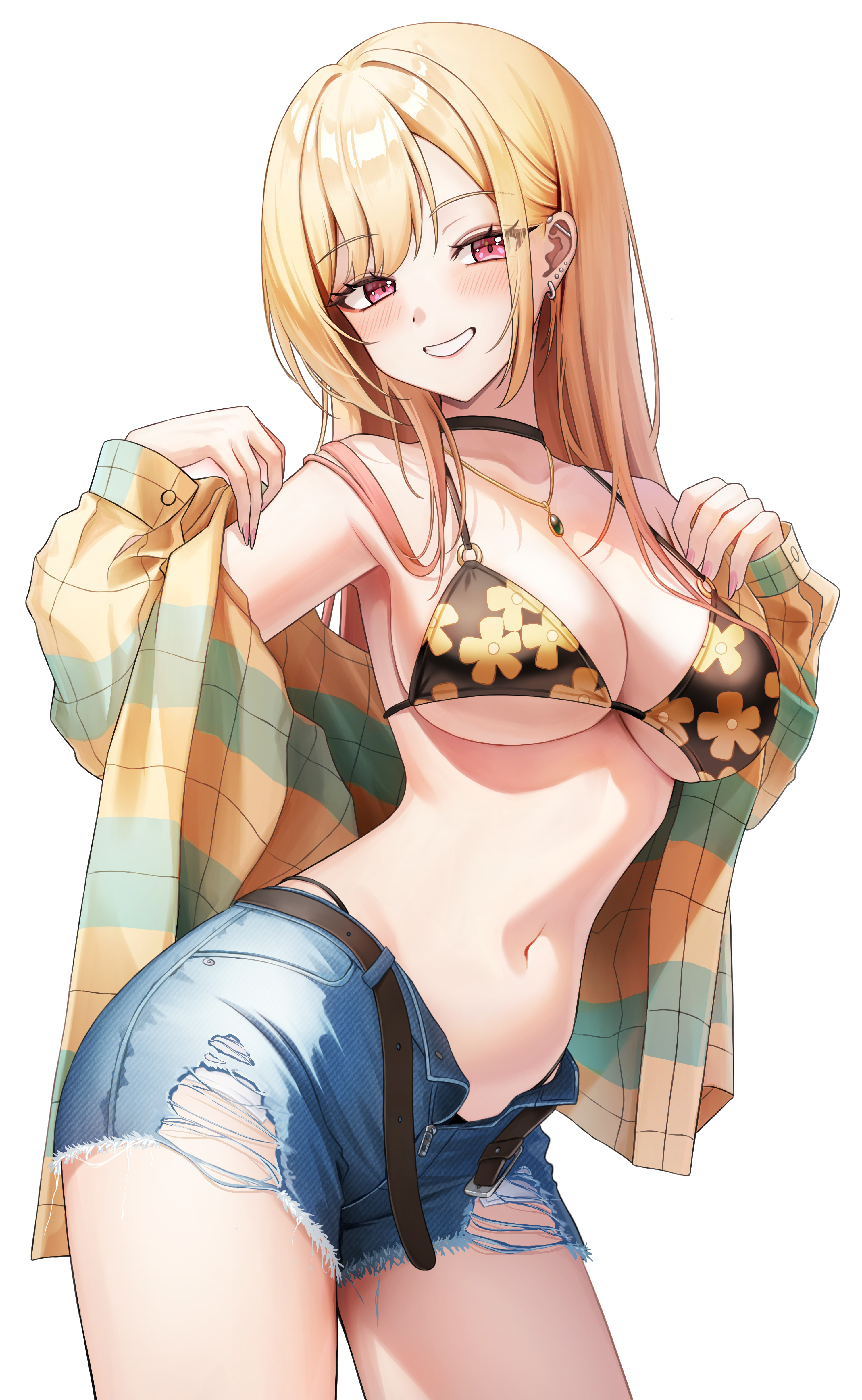 absurdres, belt, bikini, bikini bottom under shorts, bikini under clothes, black belt, black bikini, black choker, blonde hair, blush, breasts, choker, cleavage, collarbone, commentary request, contrapposto, denim, denim shorts, ear piercing, female, female only, floral print, floral print bikini, grey shorts, gyaru, highres, jewelry, kitagawa marin, looking at viewer, medium breasts, navel, necklace, open clothes, open shirt, open shorts, piercing, pink eyes, plaid clothes, plaid shirt, ppudang, print bikini, shirt, shorts, simple background, smile, solo, sono bisque doll wa koi wo suru, stomach, swimsuit, thighs, white background, yellow shirt