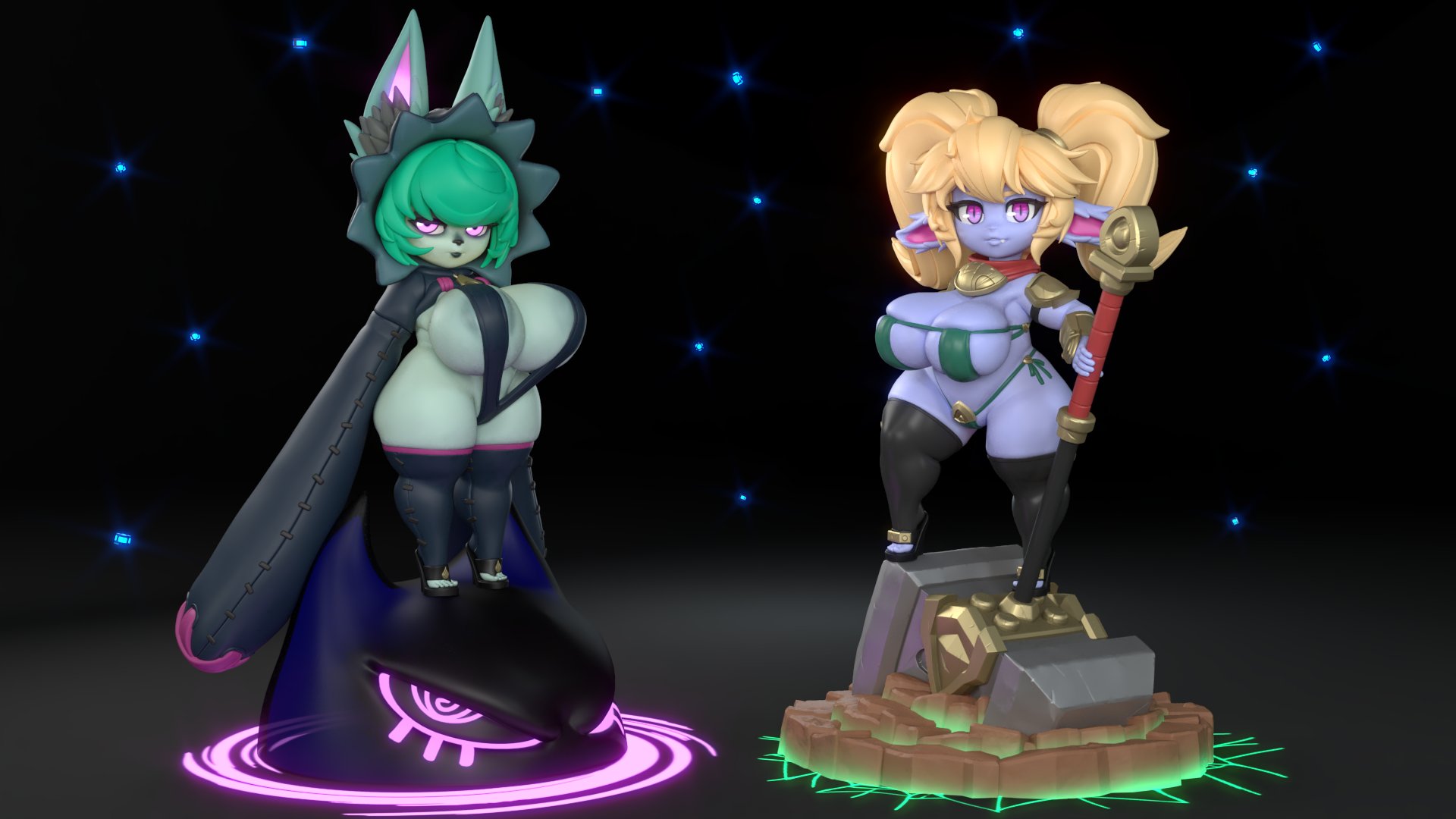 2girls, 3d, 3d (artwork), alternate version available, animal ears, areola slip, areolae, armor, armwear, big breasts, black sling bikini, blonde hair, breasts, capelet, dark green hair, eyepatch bikini, fangs, feet, female, female only, footwear, full body, generalbuta, green bikini, grey body, grey skin, hair, hammer, heels, high heels, holding weapon, huge breasts, lagomorph, league of legends, legs, legwear, pink eyes, pointy ears, poppy, purple body, purple eyes, purple skin, revealing clothes, short hair, shortstack, shoulder pads, skimpy, skimpy bikini, sling bikini, swimwear, thick thighs, thighhighs, thighs, twintails, vex (league of legends), weapon