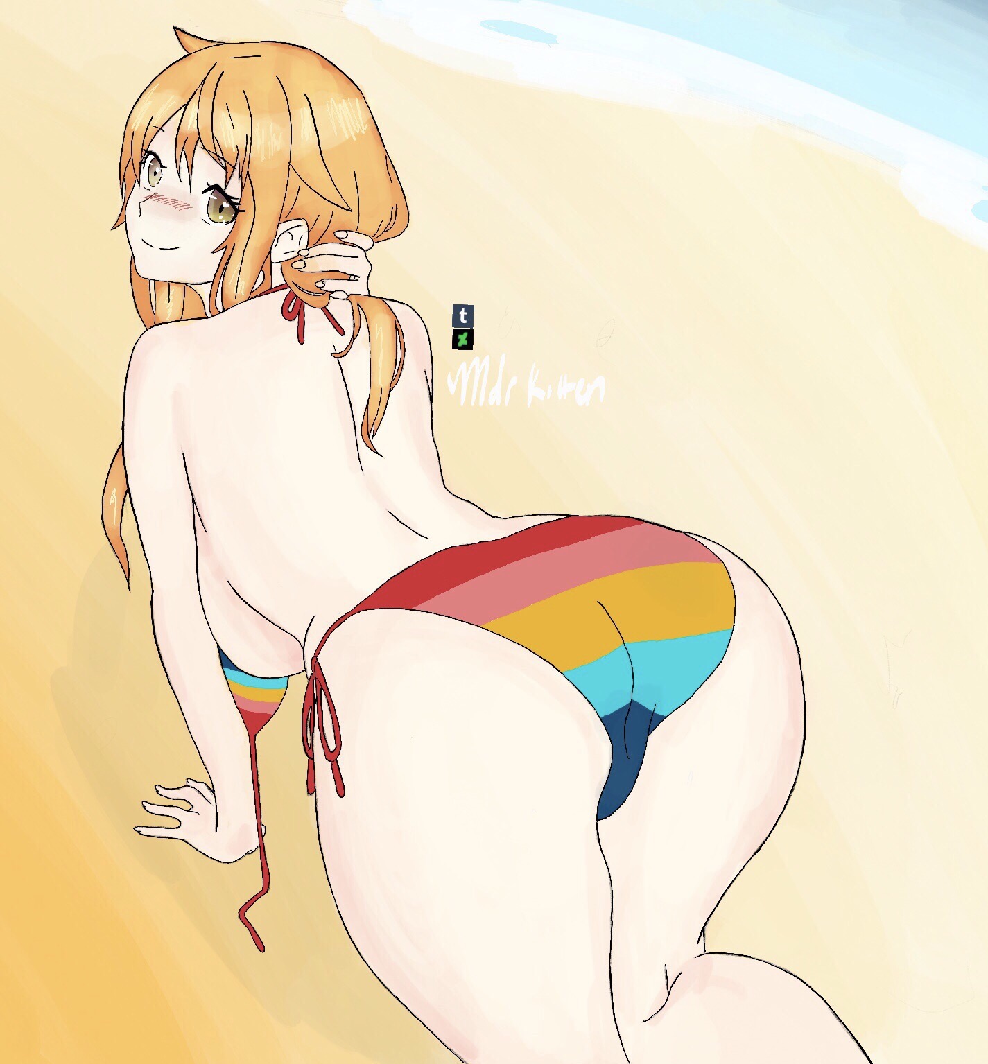 all fours, bikini, bikini bottom, female, female only, long hair, mdrkitten, nami (one piece), one piece, one piece film z, post-timeskip, presenting, rainbow bikini, solo
