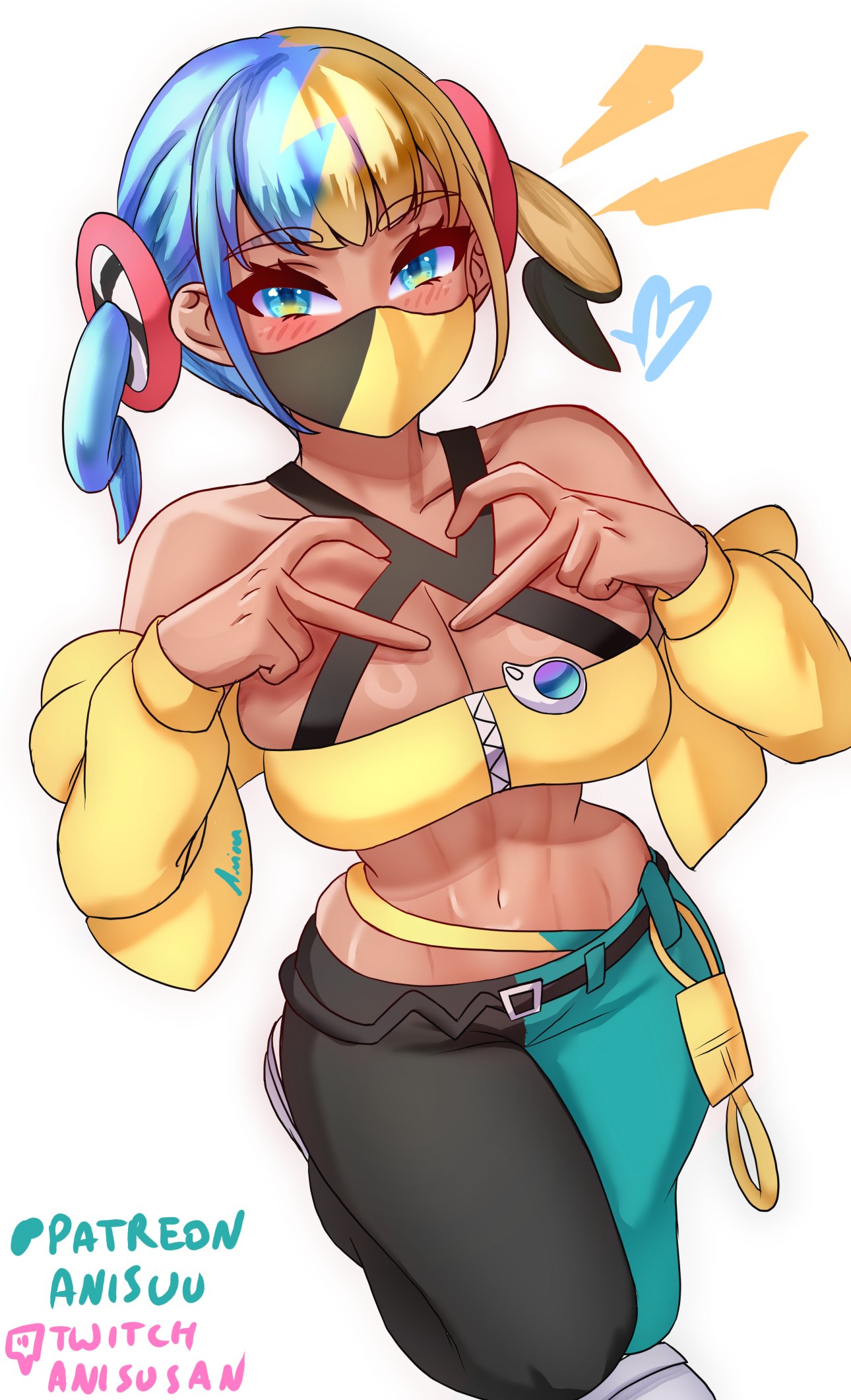 1girls, abs, alternate breast size (larger), anisdrawn, armpit crease, bandeau, bare shoulders, belt, black halterneck, blonde hair, blue eyes, blue hair, blush, breasts, canari (pokemon), canary (pokemon), cleavage, criss-cross halter, crop top, cropped jacket, english text, female, female only, fit, fit abs, fit female, game freak, gyaru, halterneck, heart, highres, kusogaki, large breasts, mask, mega stone, midriff, mouth mask, multicolored clothing, multicolored hair, multicolored mask, multicolored pants, navel, nintendo, pants, pokemon, pokemon legends: z-a, shoes, simple background, stomach, strapless, streamer, streetwear, tube top, twintails, two-tone hair, two-tone mask, two-tone pants, white background, yellow bandeau, zipper