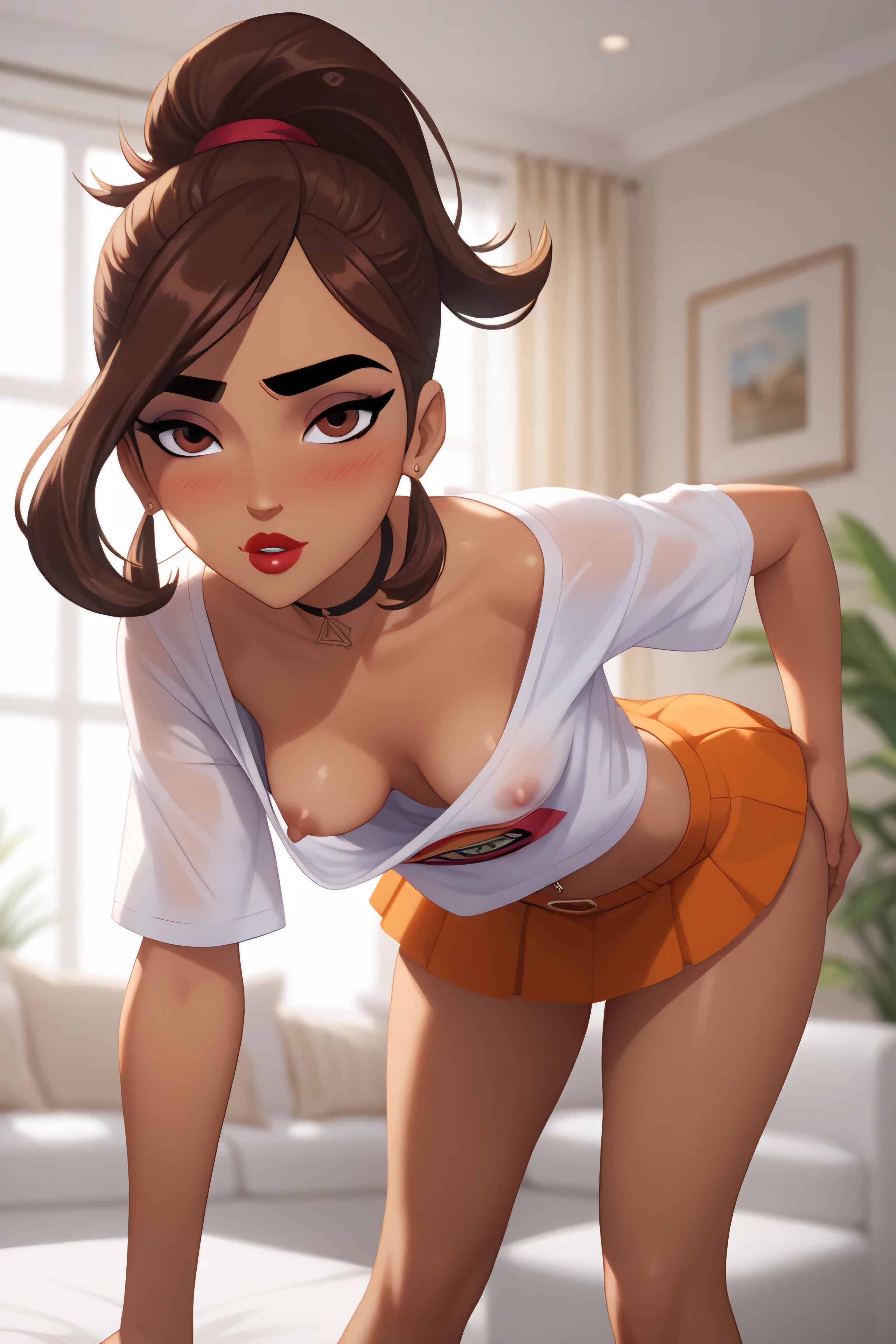 1girls, ai, ai art, ai assisted, ai generated, ai hands, ai-created, areolae, bending forward, bending over, bent forward, bent over, blush, breasts, breasts out, brown eyes, brown hair, brown nipples, brown skin, brown-haired female, carmen sandiego, carmen sandiego (2019), carmen sandiego (franchise), downblouse, female, indoors, latina, latina female, leaning forward, looking at viewer, nipples, no bra, oversized clothing, oversized shirt, partially clothed, partially clothed female, ponytail, red hairband, shirt, skirt, solo, svpk76