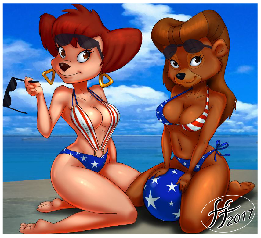 14-bis, 2017, 2girls, 4th of july, american flag, american flag bikini, beach, beach ball, bikini, breasts, busty, cleavage, crossover, disney, female, female only, furry, goof troop, hoop earrings, hourglass figure, kneeling, milf, multiple females, peg pete, rebecca cunningham, sunglasses, swimsuit, talespin, voluptuous