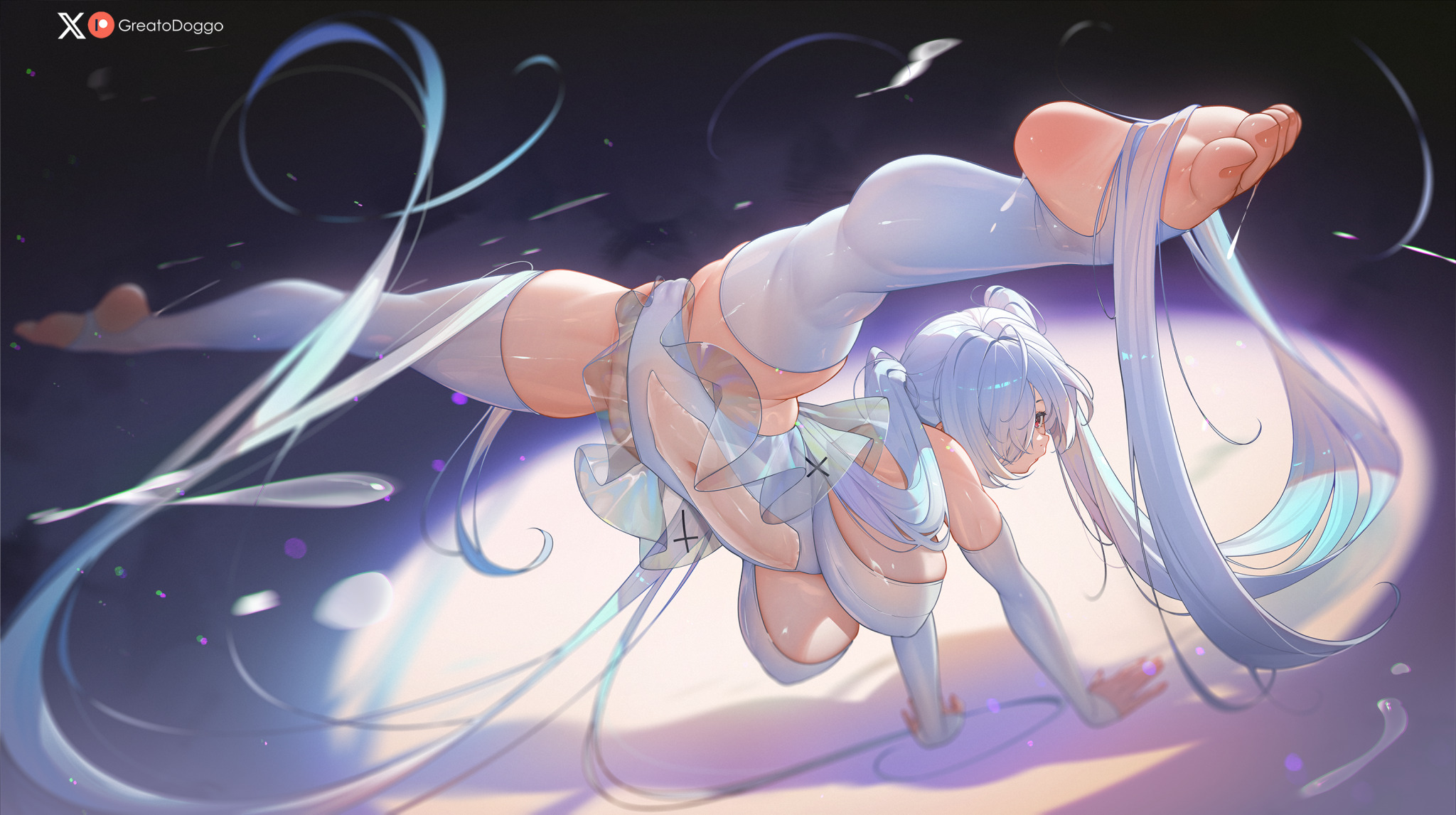 1girls, big breasts, breasts, cinderella (nikke), feet, female, flexible, flexible female, goddess of victory: nikke, greatodoggo, handstand, handstand with split pose, leotard, long hair, looking over shoulder, solo, splits, white clothing, white hair, white leotard