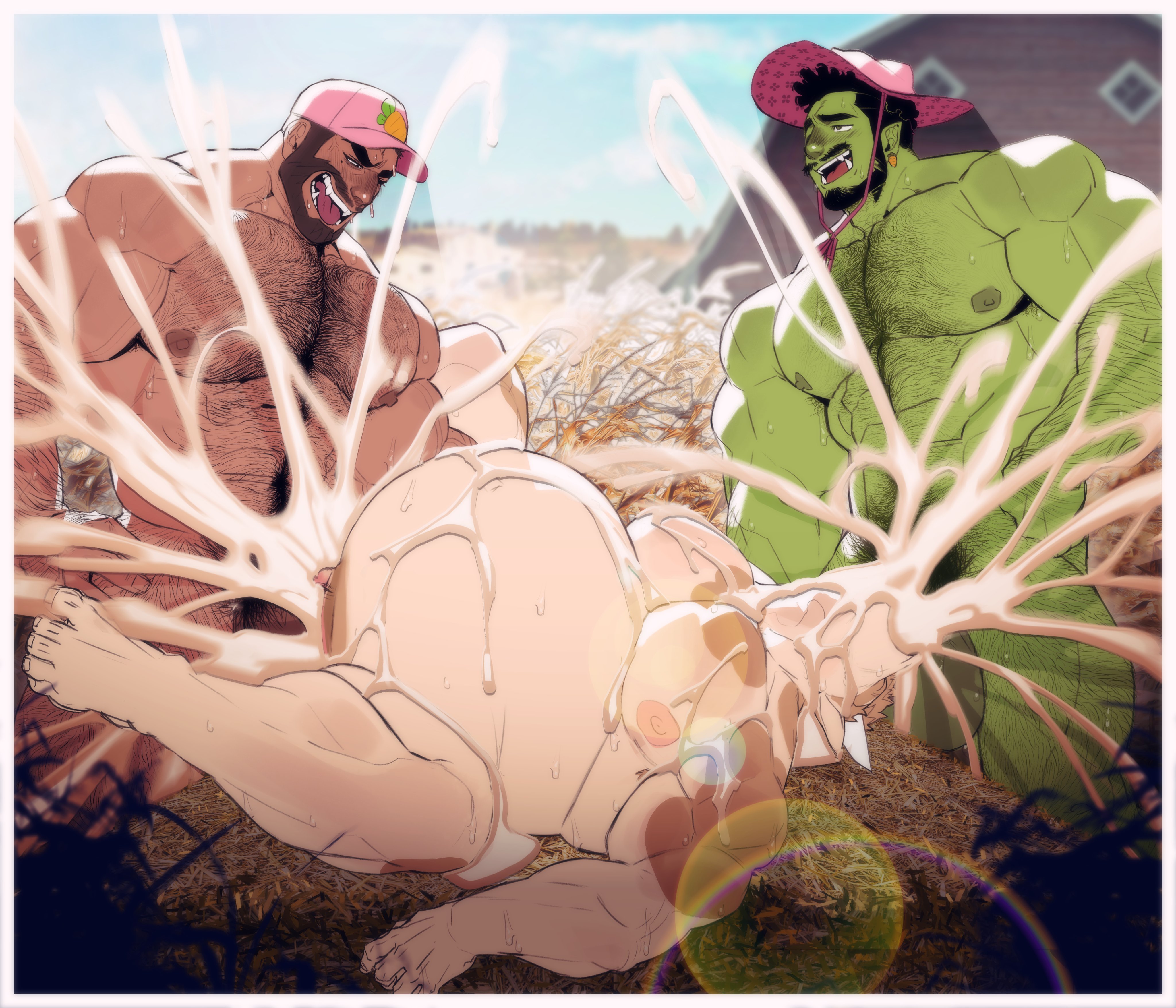balls, bara, beard, belly inflation, blowjob while penetrated, bovine ears, bovine horn, bovine humanoid, brown hair, bucket hat, cock hungry, cock in mouth, cow spots, cum, cum in mouth, cum in pussy, cum on body, cumming in mouth, cumming in pussy, cumming inside, cumming together, cumming while penetrated, cumming while penetrating, cumshot, cuntboy, different species, dominant human, dominant male, dominant orc, farmer dez, filled belly, filled with cock, full of cum, furry, furry bottom, furry with non-furry, gay, gay sex, gay threesome, green body, green nipples, green penis, green skin, hairy arms, hairy chest, hairy legs, hairy male, handholding, haystack, holding leg up, human, human genitalia, human on furry, inflation, intersex, intersex/male, large balls, large cocks, large pectorals, large penis, light brown body, light brown fur, light brown hair, light fur, male, male cow, male dominating male, male focus, male on male, male only, male penetrated, male penetrating, male penetrating cuntboy, male penetrating male, male spitroast, male with male, male/male, male/male/male, males only, mating, moustache, muscular, muscular arms, muscular cuntboy, muscular furry, muscular male, muscular thighs, nipple pinch, nipple play, nipples, nu nudo do, nunudodo, oc, orc, orc male, orgasm, orgasm from penetration, outdoor nudity, outdoor sex, penis, penis in mouth, penis in pussy, pink cap, pink nipples, pubic hair, pussy, rancher grunh, size difference, so much cum, spitroast, spread legs, submissive anthro, submissive intersex, submissive male, sweaty body, tan nipples, tan skin, threesome, vaginal penetration, veiny penis, yaoi