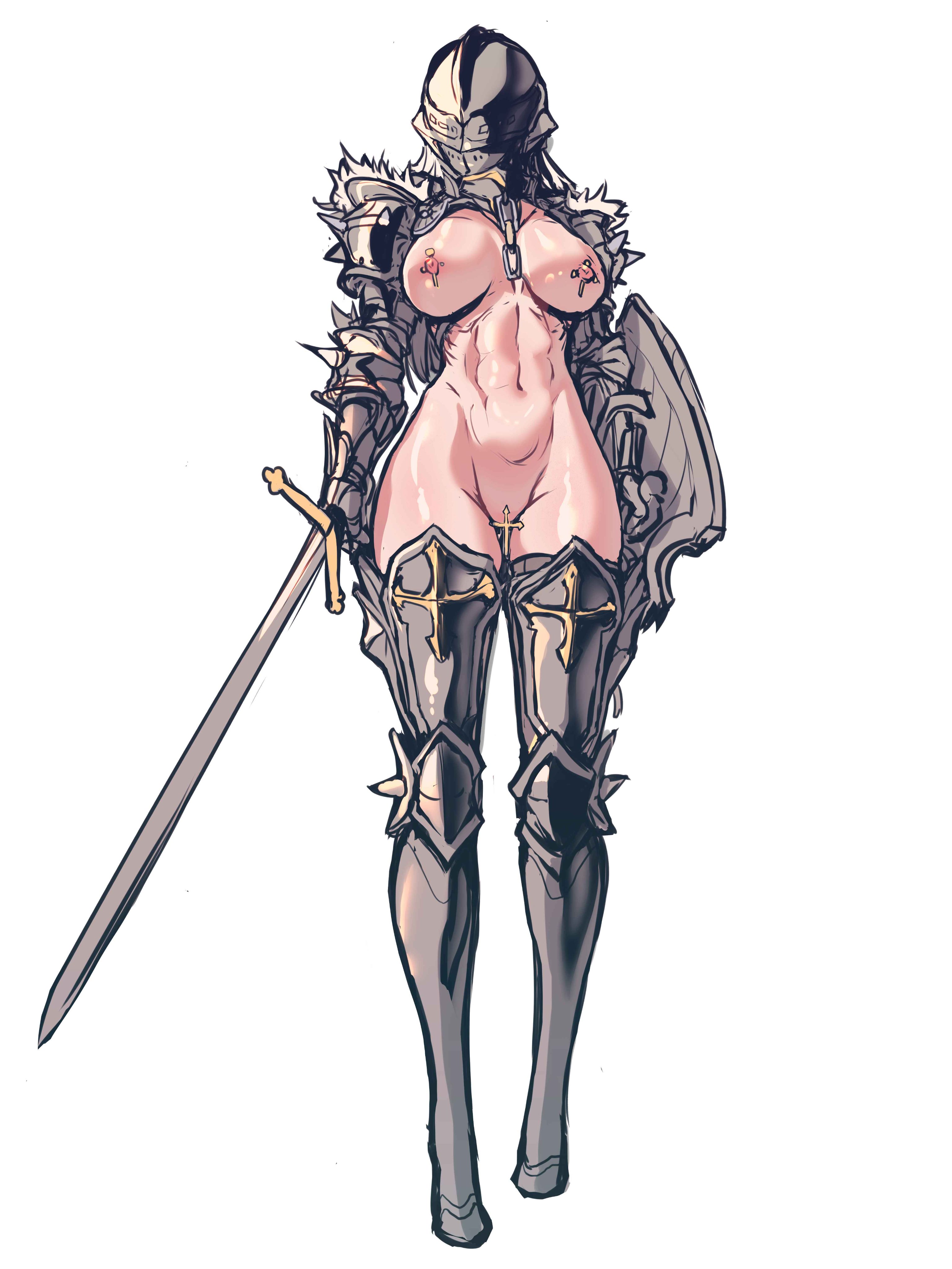 1girls, armor, cws1122uu, face covered, female, female only, helmet, holding object, holding sword, holding weapon, knight, nipple piercing, piercing, revealing clothes, sword, weapon