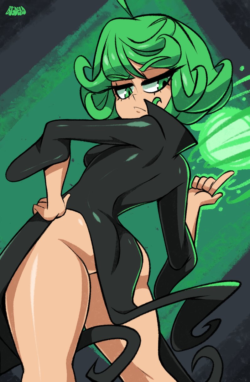 1girls, 2d, 2d (artwork), 5 fingers, absurd res, artist logo, artist name, ass, ass focus, athletic, athletic female, back view, bangs, behind view, big ass, big butt, big thighs, bigdeadalive, black clothing, black dress, bottom heavy, breasts, bubble ass, bubble butt, butt focus, clothes, clothing, collar, curvaceous, curvy, curvy body, curvy female, curvy figure, dat ass, digital drawing (artwork), digital media (artwork), dress, dress only, eyebrows, eyebrows raised, eyelashes, female, female only, fit, fit female, fringe, frown, green eyebrows, green eyes, green hair, half-closed eyes, hand on hip, heroine, hips, hourglass figure, huge thighs, human, human only, light skin, light-skinned female, looking at viewer, looking back, looking back at viewer, medium breasts, medium hair, mostly clothed, mostly clothed female, narrowed eyes, one-punch man, pale skin, pale-skinned female, partially nude, partially nude female, petite, petite body, petite female, pose, posing, raised eyebrows, rear view, revealing clothes, sexy, sexy body, sexy pose, shortstack, sideboob, simple background, skimpy, skimpy clothes, skimpy dress, skin tight, skintight, skintight clothing, slim waist, smooth skin, standing, tatsumaki, thick thighs, thighs, tight clothing, tight dress, tight fit, upper body, watermark, wide hips