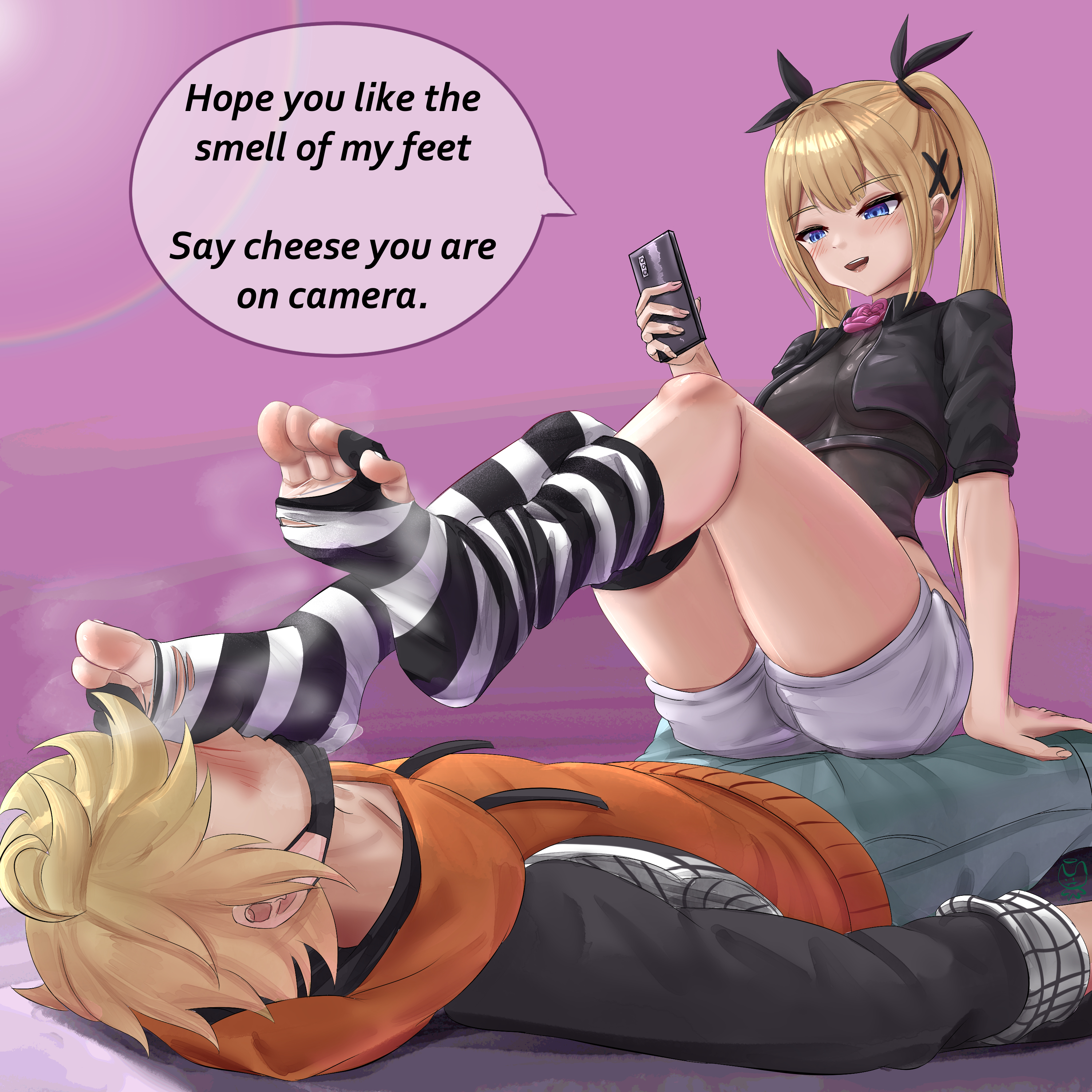 2d, blackmail, commission, cursedcito, dead or alive, feet on face, foot fetish, foot focus, kanade rindou, marie rose, phone, rindo kanade, smelling feet, the world ends with you