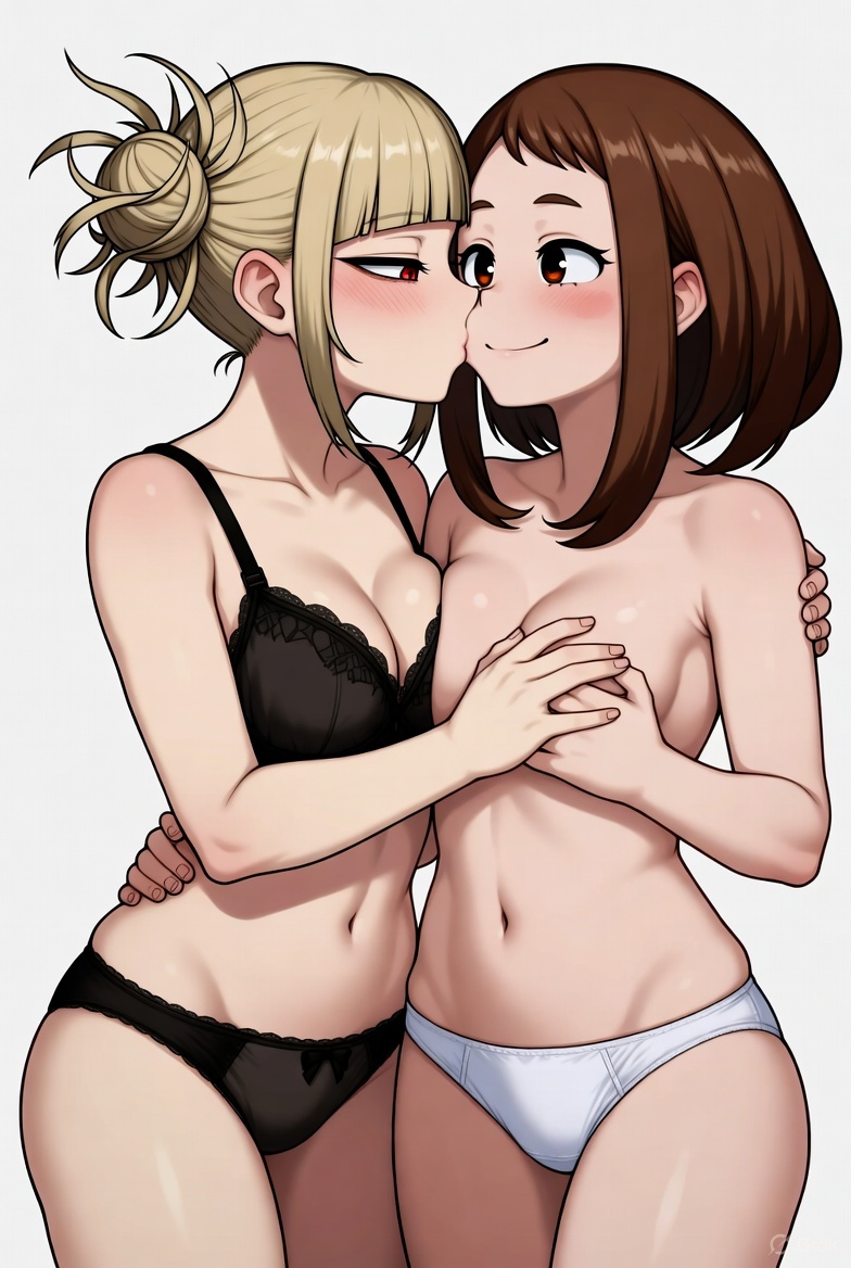 2girls, ai art, ai generated, blonde hair, blonde-haired female, boku no hero academia, bra, brown-haired female, cleavage, cute, dominant female, female, himiko toga, leash, my hero academia, ochako uraraka, panties, smile, submissive female, toga himiko, topless female, underwear, uraraka ochako, uravity, yuri