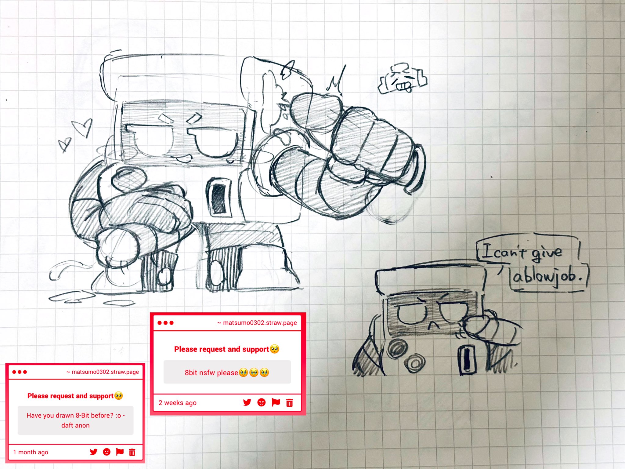 2boys, 8-bit (brawl stars), blush, brawl stars, cum, cum on body, cumming, dialogue, disembodied penis, duo, gay, genital fluids, genitals, hi res, male, male only, male/male, matsumo nsfw, penis, robot, speech bubble, supercell, surge (brawl stars), text, traditional media (artwork)