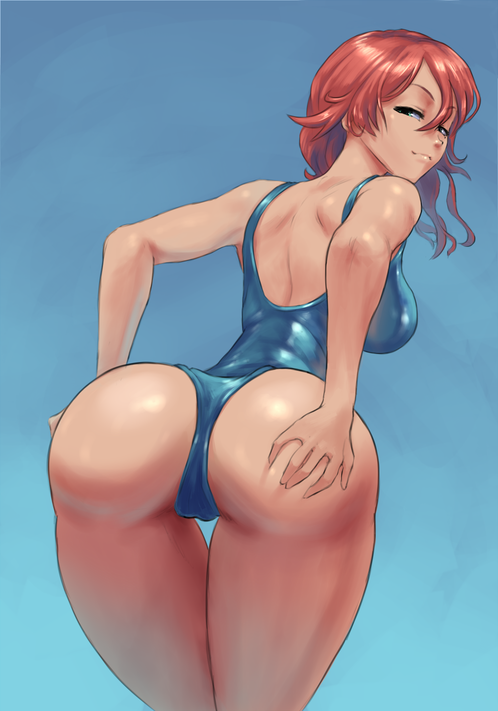 ass breasts cleavage cutesexyrobutts eba_rin female female_only kimi_no_iru_machi looking_at_viewer looking_back one-piece_swimsuit skindentation solo swimsuit