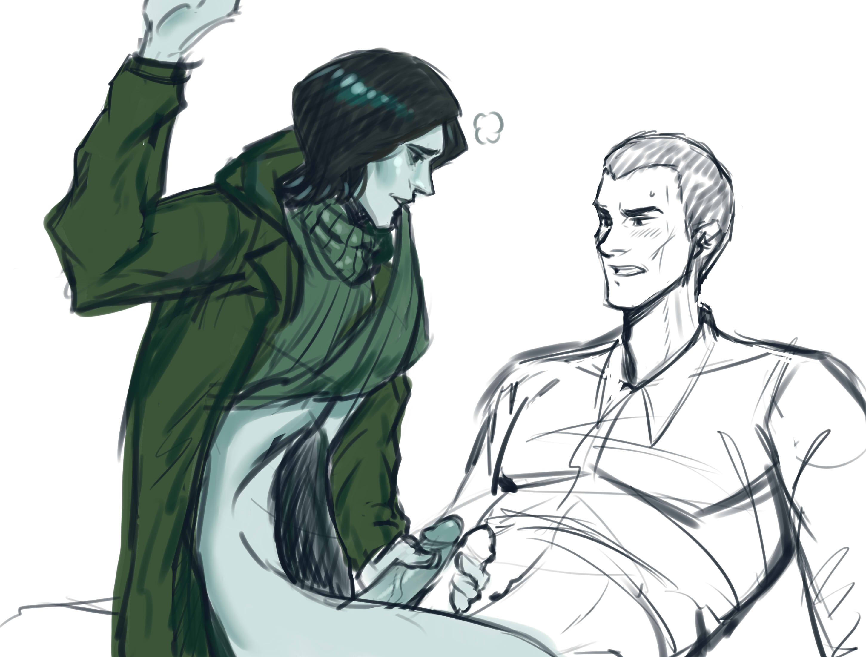 2boys, bar guy (no, i'm not a human), blue body, blue hair, blue skin, blush, breath, coat, coat guy (no, i'm not a human), colored sketch, draw emy, erection, frottage, gay, male, male only, no, i'm not a human, pale skin, pale-skinned male, partially colored, penis, sitting, sitting on person, sketch, skinny, smile, uncensored, yaoi