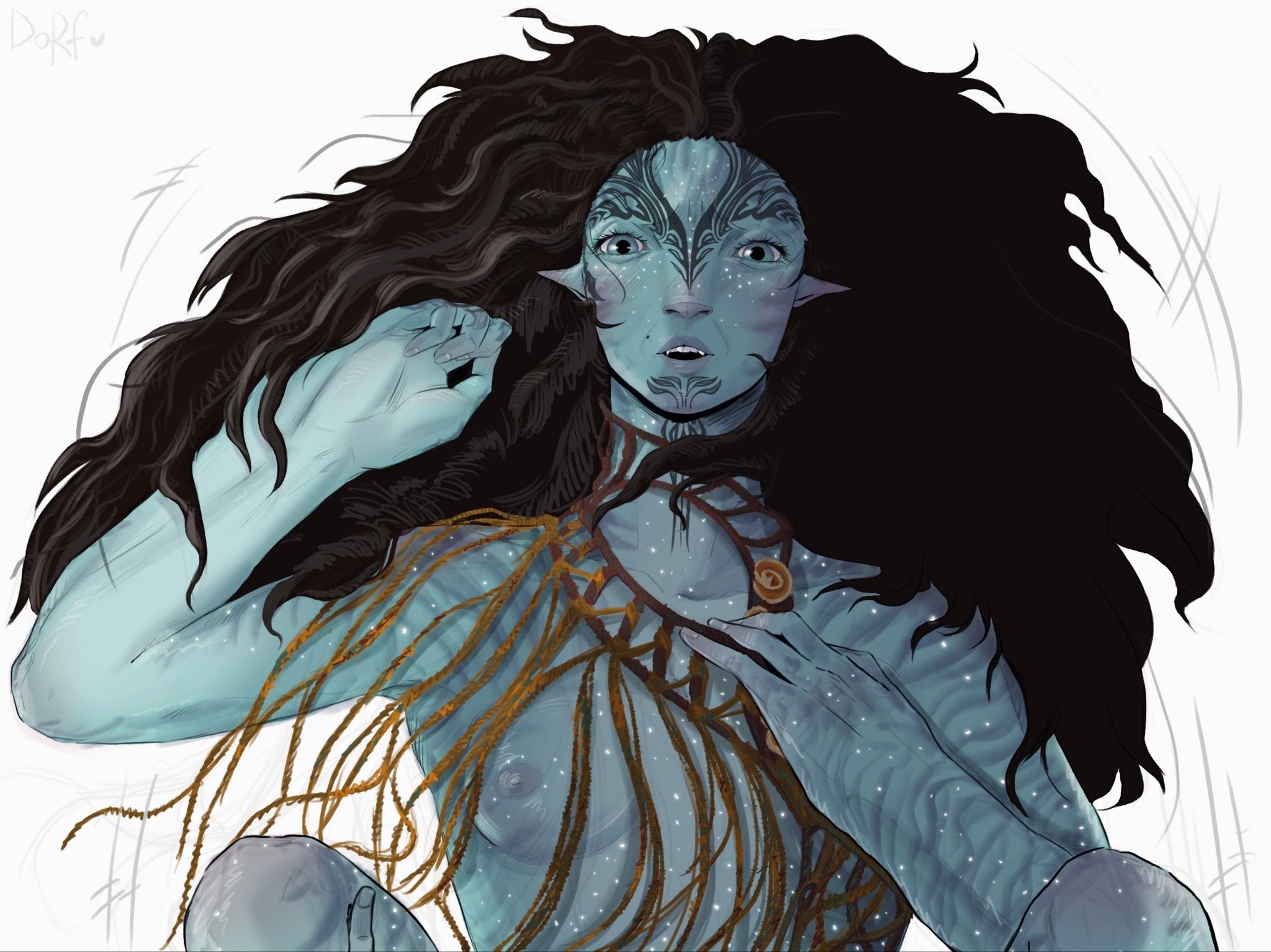 1girls, alien, avatar, avatar: the way of water, black hair, blue skin, breasts, female, female only, malinasart, nipples, on back, ronal, solo
