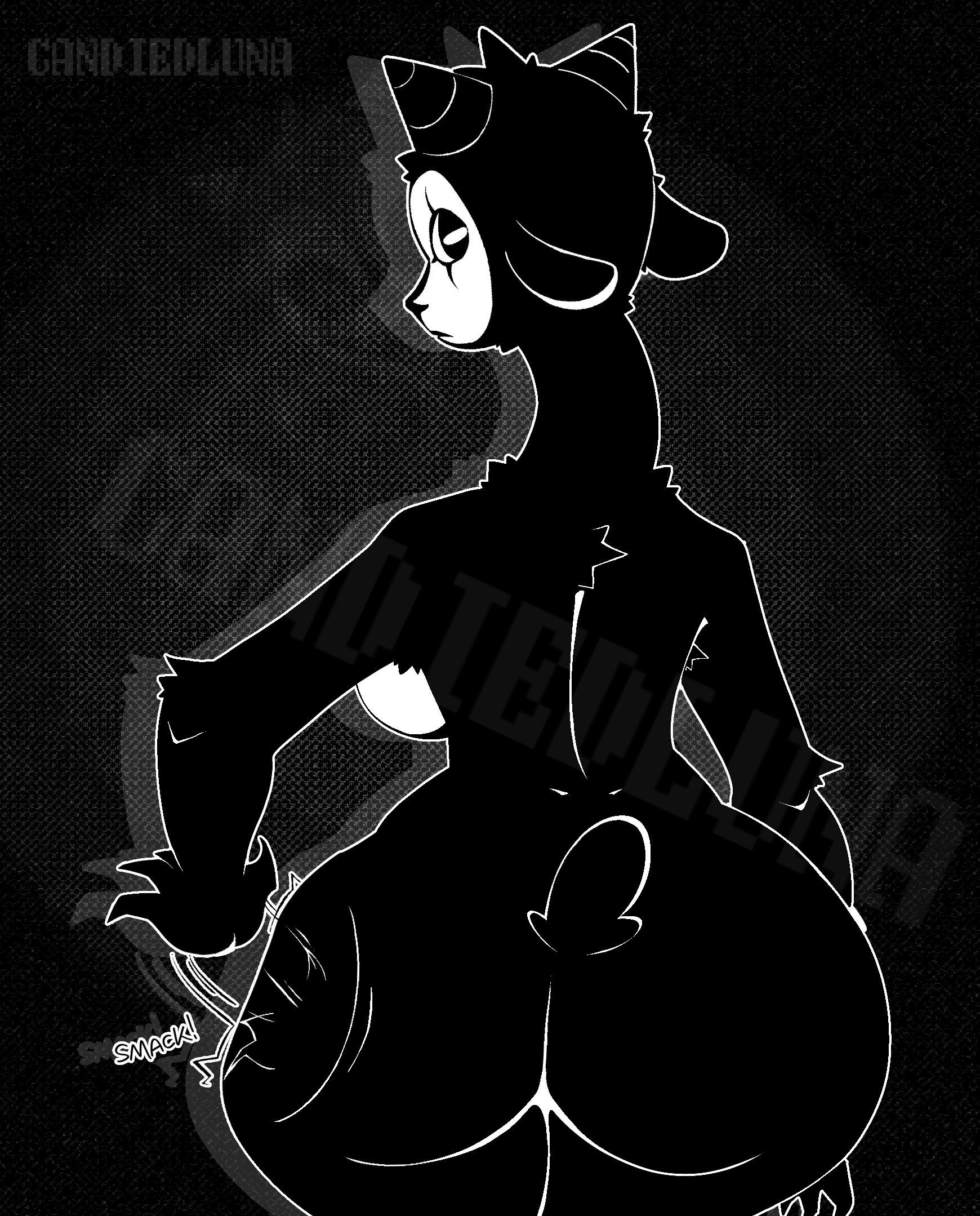 ass, black body, black fur, female, goat (candiedlooney), goat (lunal3wd), goat girl, looking back, lunal3wd, monster girl, spank