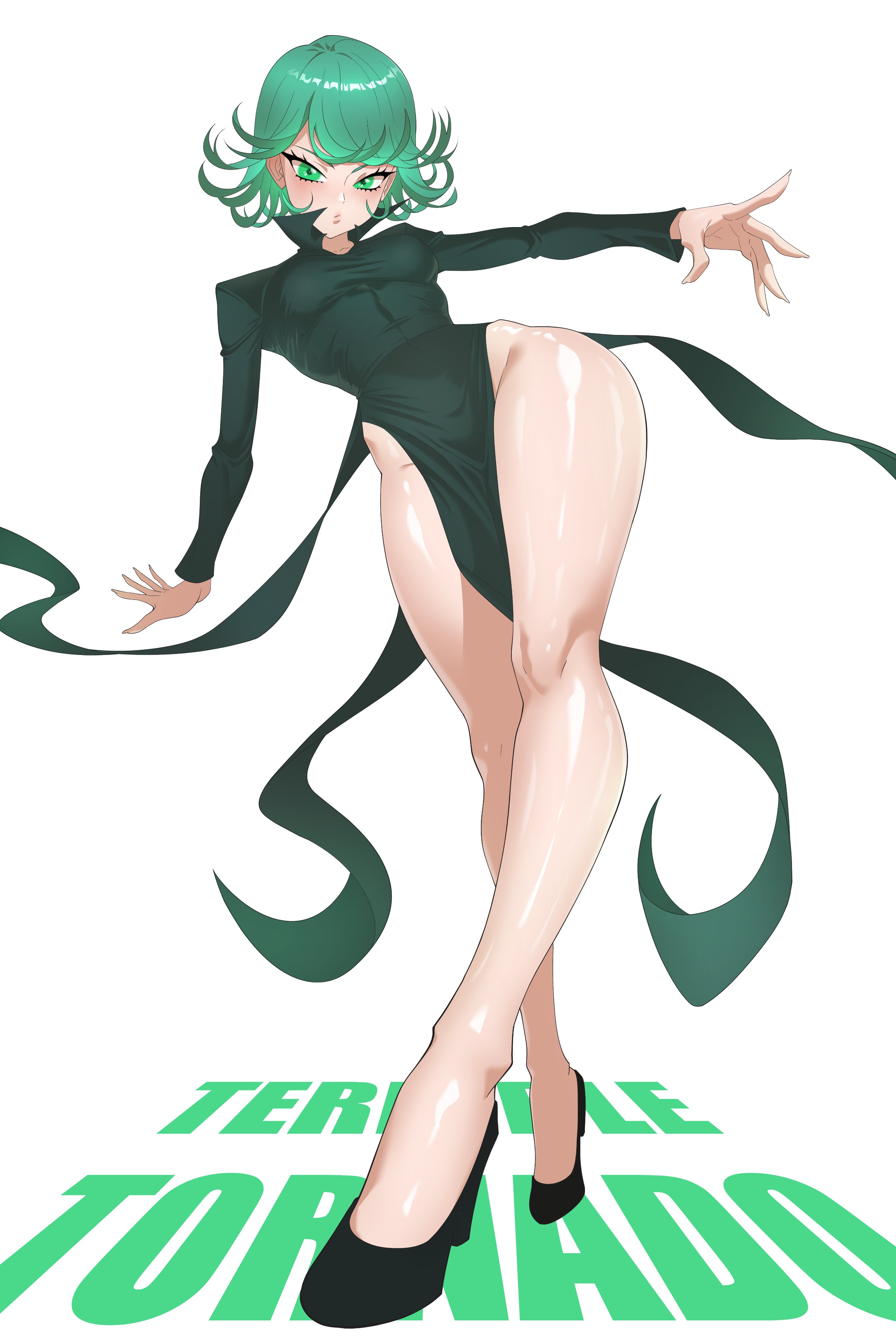 1girls, absurdres, black dress, black shoes, breasts, curly hair, dress, female, female only, full body, green eyes, grey hair, high heels, highleg, highleg dress, highres, legs, long sleeves, looking at viewer, medium breasts, one-punch man, shiny skin, shoes, short hair, simple background, solo, standing, tatsumaki, toomy woomy, toomywoomy, white background