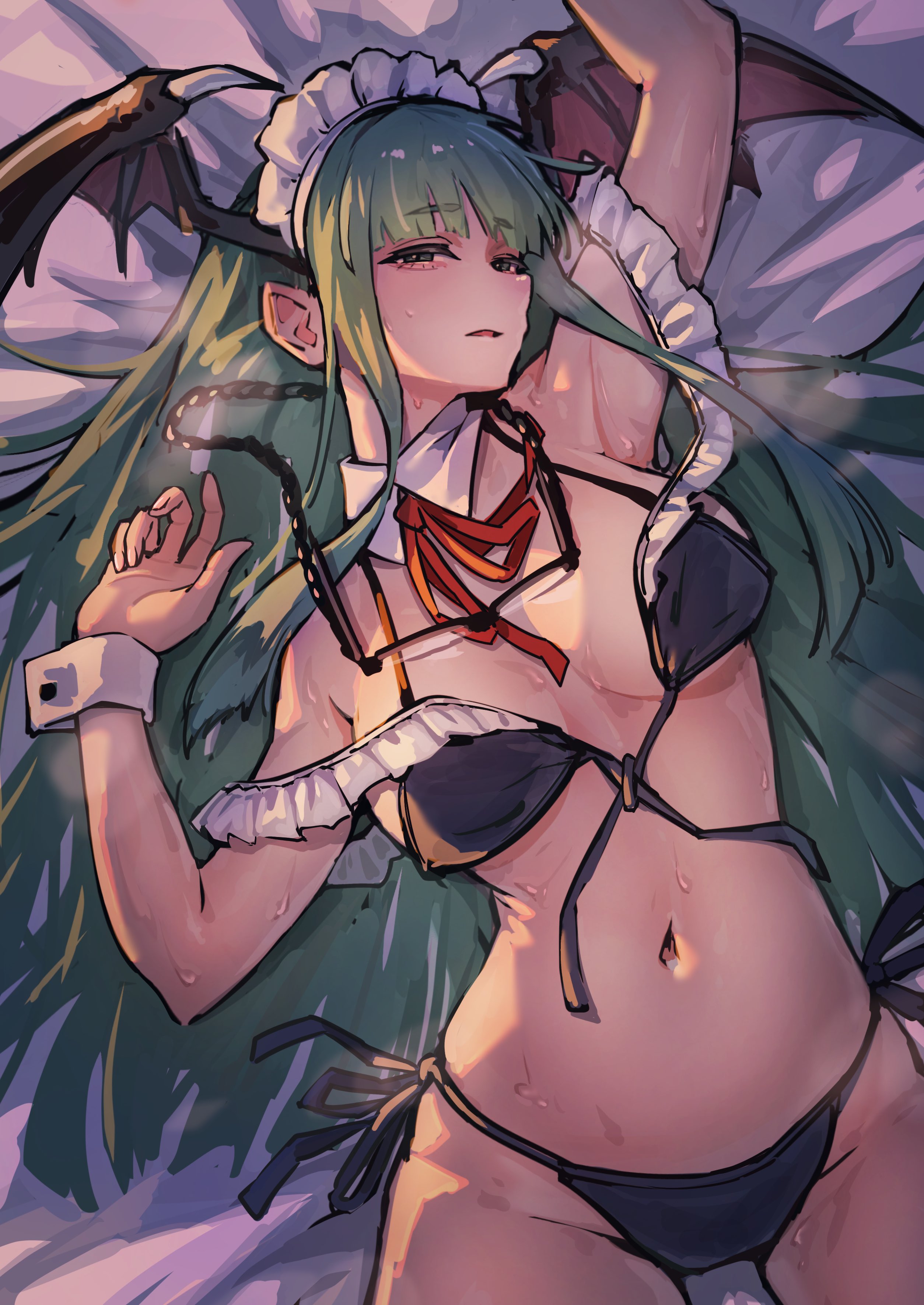 1girls, ap cammy, black lingerie, darkstalkers, female, green eyes, green hair, lingerie, long hair, lying on back, lying on bed, maid uniform, morrigan aensland, succubus, succubus horns