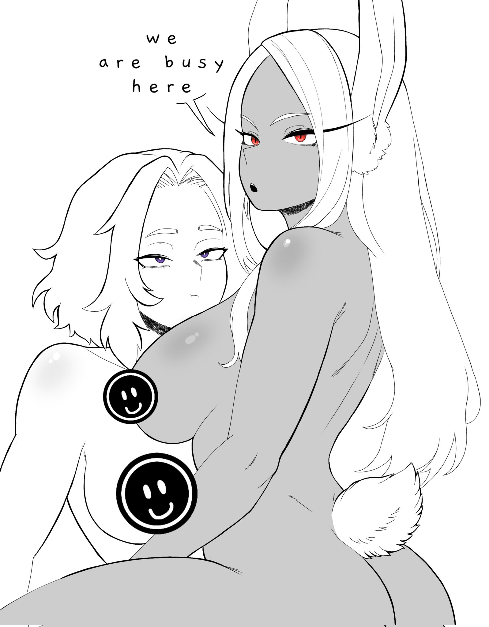 2d, 2d (artwork), 2d artwork, 2girls, annoyed, annoyed expression, annoyed face, annoyed female, ass, big breasts, boku no hero academia, bra, breasts, bunny ears, bunny girl, bunny tail, cleavage, color, colored, english text, evoltodraw, female, female focus, female only, female/female, heroine, heroine/villainess, interrupted, interrupted sex, kaina tsutsumi, lady nagant, large breasts, light skin, light-skinned female, long hair, looking at viewer, medium hair, miruko, muscular, muscular female, my hero academia, pink highlights, purple eyes, purple hair, red eyes, rumi usagiyama, sideboob, sitting, sketch, smile, smiling, smiling at viewer, sole female, superheroine, text, thick, thick hips, thick legs, thick thighs, tsutsumi kaina, voluptuous, voluptuous female, white hair, white hair female, yuri