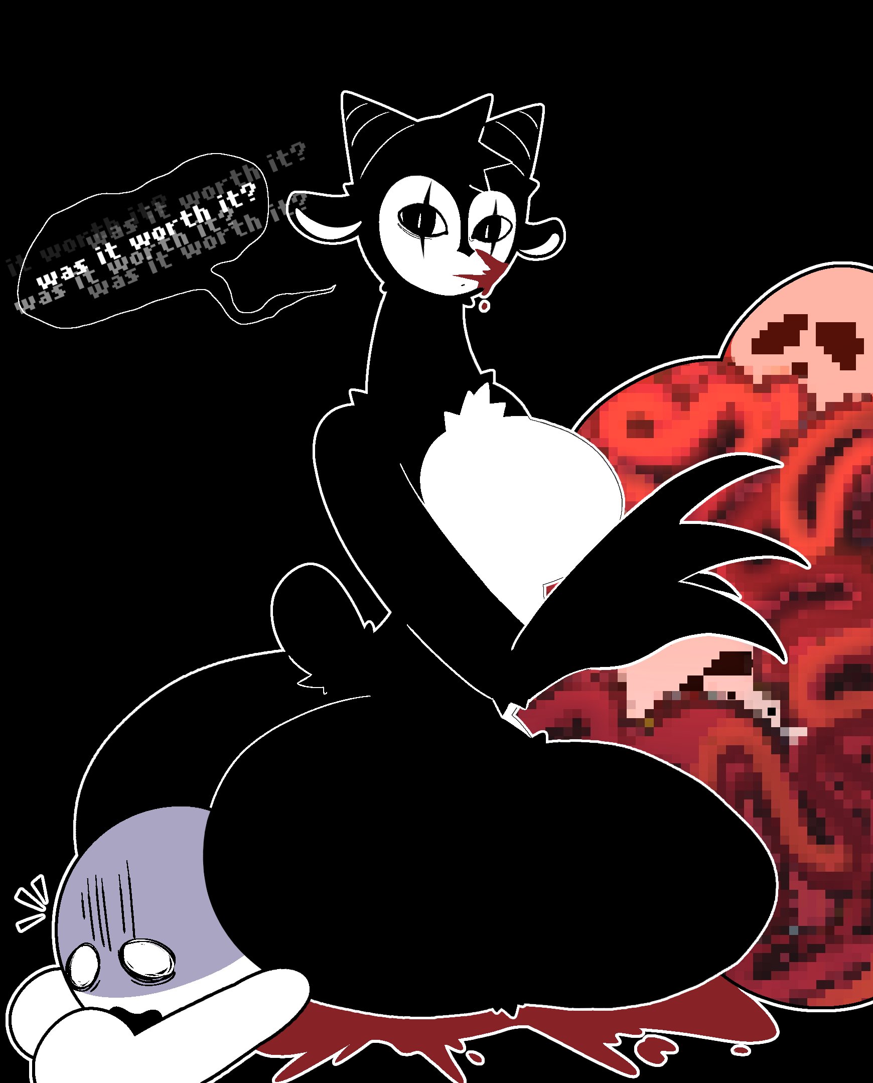 ass, black body, black fur, blood, dialogue, female, goat (candiedlooney), goat (lunal3wd), goat girl, lunal3wd, monster girl, sitting