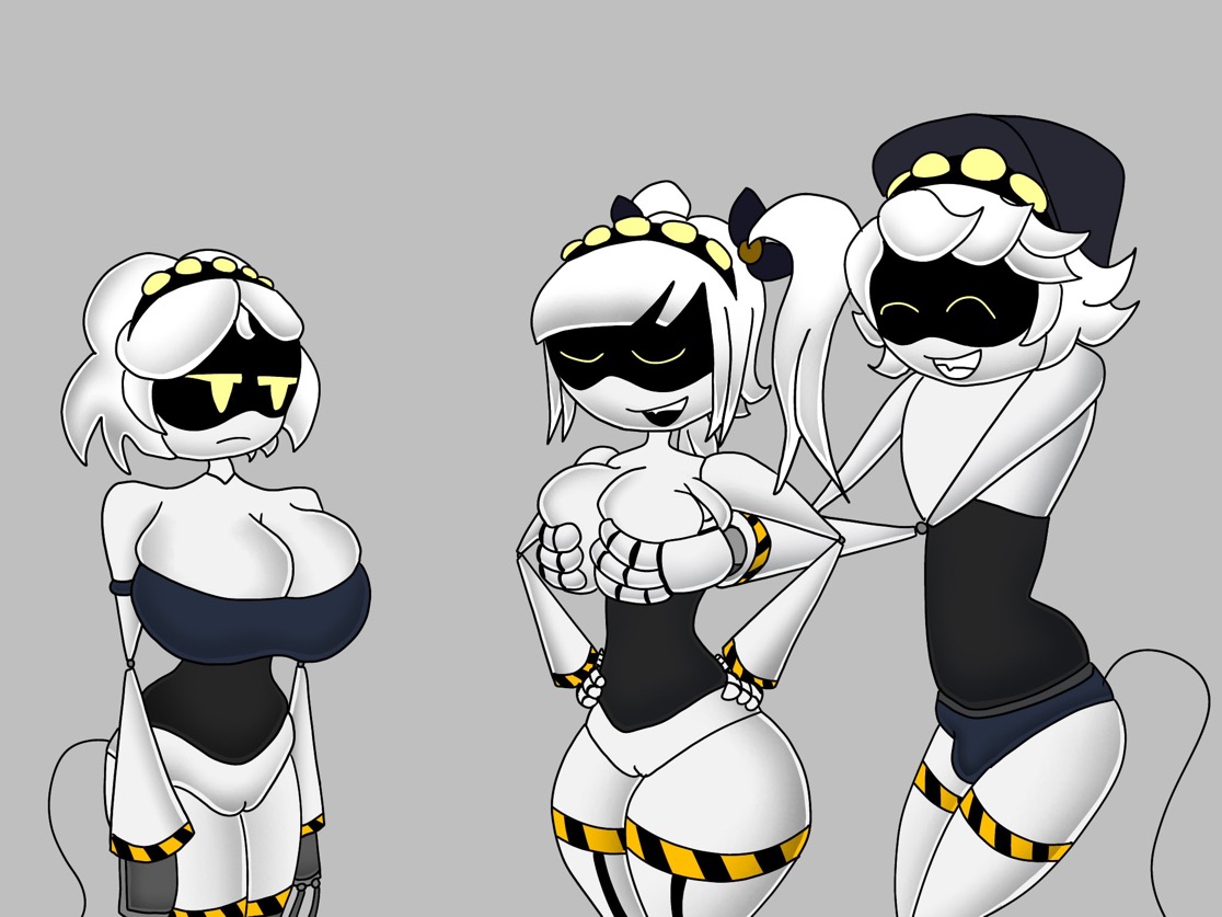 1boy, 2girls, 4:3, bra, breast grab, breasts, breasts bigger than head, bulge, bulge through clothing, disassembly drone, female, grabbing, grabbing breasts, grabbing from behind, j (murder drones), jealous, jealous female, male, murder drones, n (murder drones), penis, penis bulge, proud, pussy, sharkwar, straight, thick ass, thick thighs, thighs, underwear, v (murder drones)