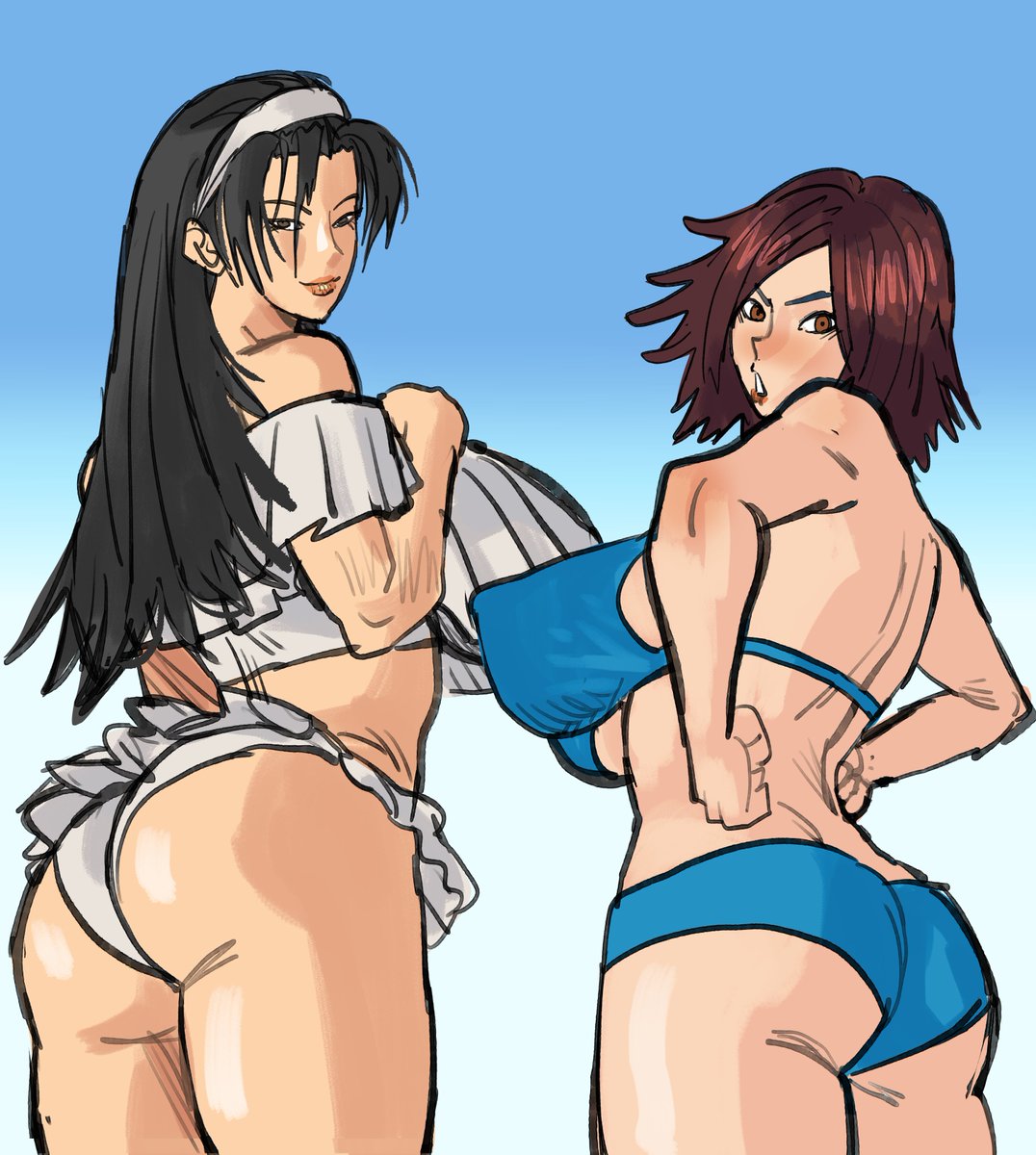 2girls, ass, aunt and niece, big ass, big breasts, bikini, bikini bottom, bikini top, black eyes, black hair, blue bikini, bottomwear, breasts, brown eyes, brown hair, female, female only, hair, hands on hips, henfent, hips, huge breasts, kazama asuka, kazama jun, large breasts, lips, long hair, looking back, mature, mature female, mature woman, milf, mother, short hair, swimwear, tekken, tekken 8, tomboy, topwear, white bikini