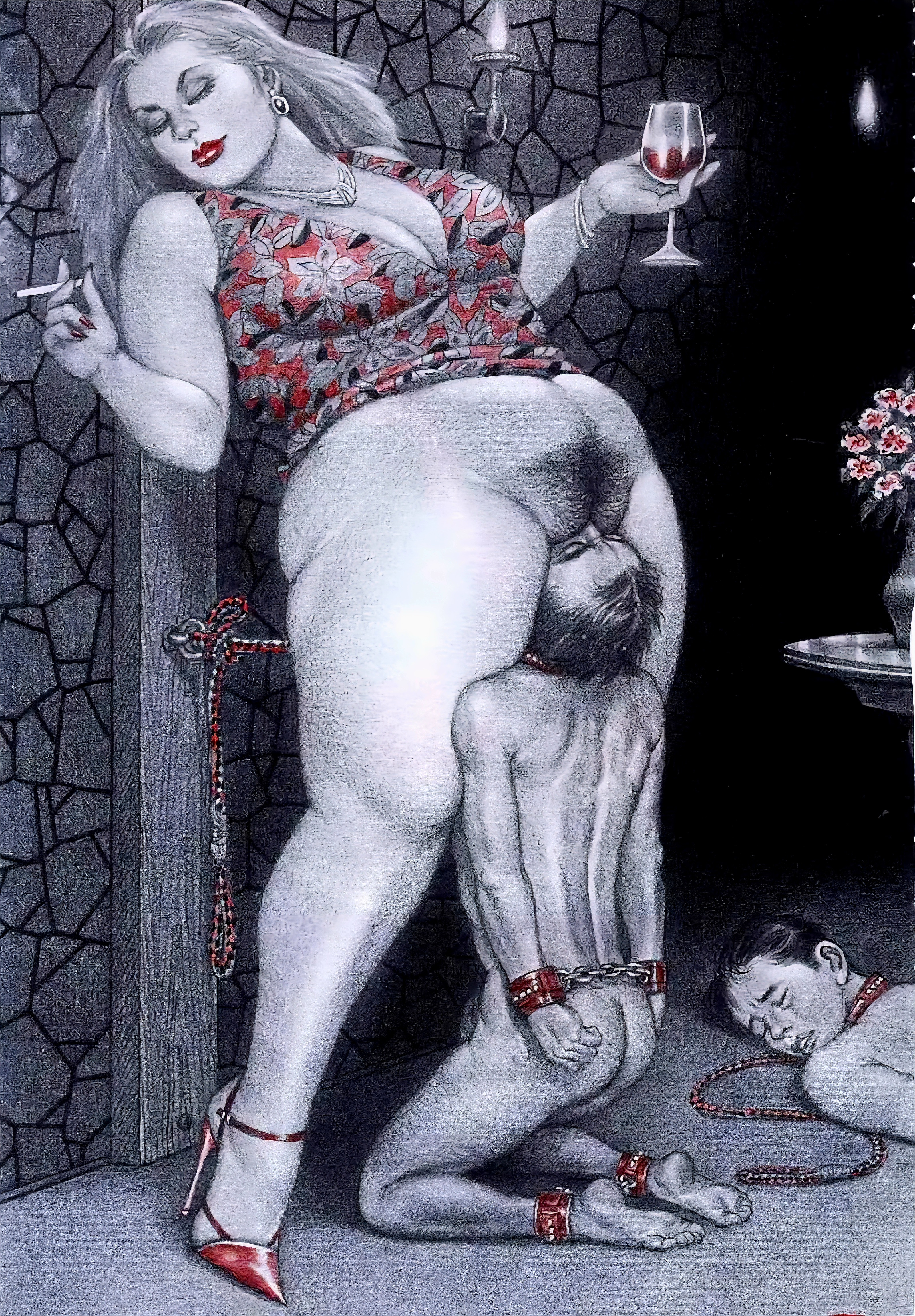 asphyxiation, big breasts, black and white, black and white and red, blonde female, blonde hair, bondage, breasts, cigarette, drinking, drinking wine, face in ass, facesitting, female, femdom, fetish, humiliation, licking pussy, male, male slave, namio harukawa, pussy, sitting on face, smoking, smoking cigarette, submission, tied, tied hands, tobacco, vintage, voluptuous female