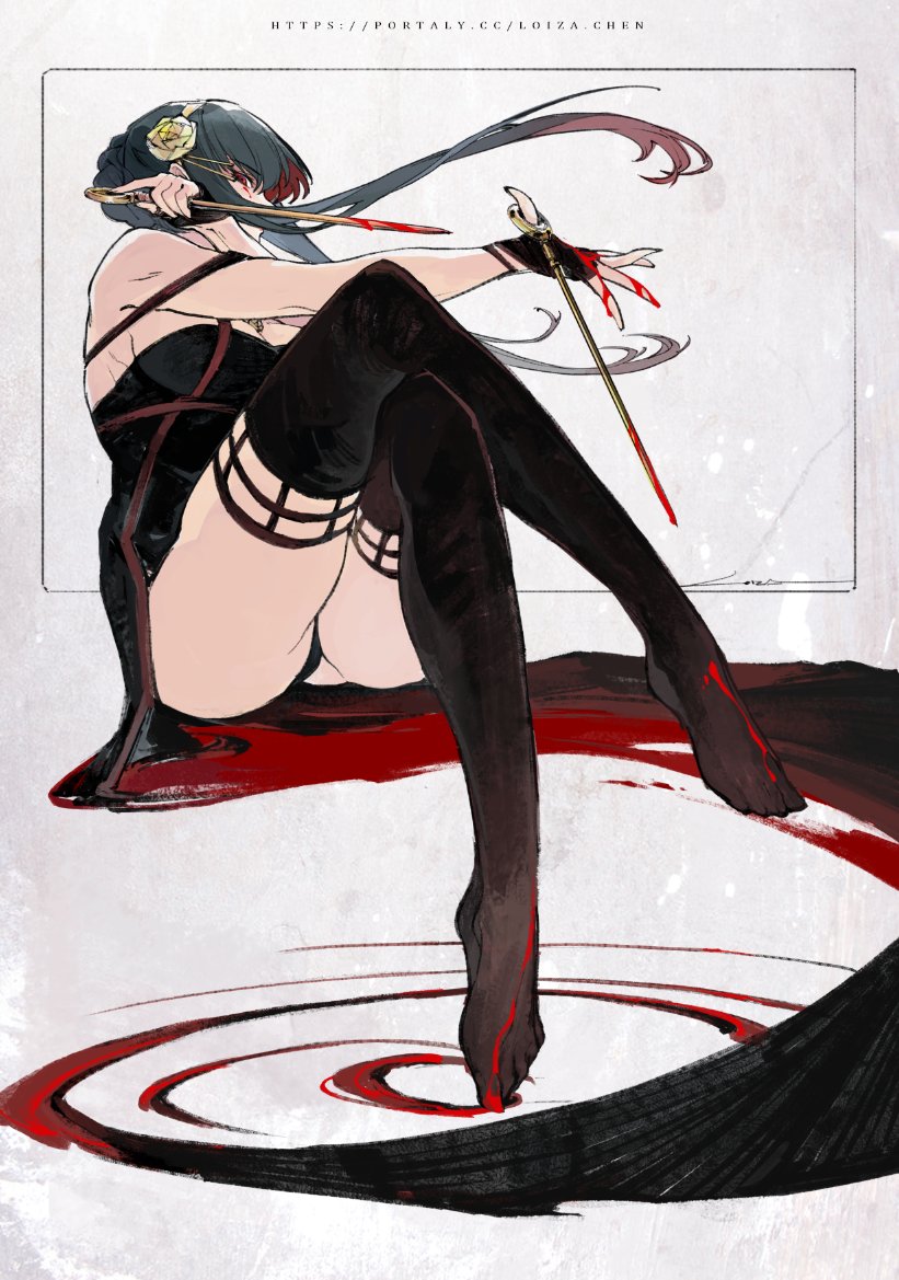 1girls, black underwear, blood stain, dress, female, spy x family, thigh highs, thorn princess, underwear, upskirt, yor briar, yor forger