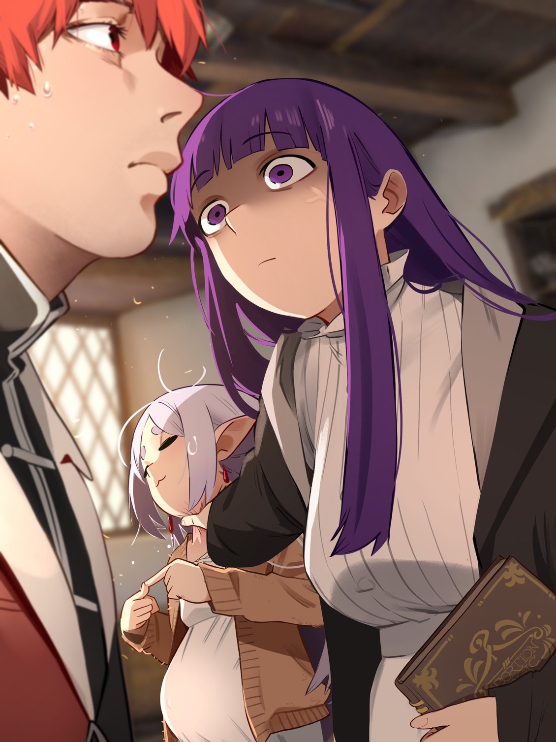 affair, angry, angry female, book, cheating, choking, cuckold, cuckquean, death stare, elf, elf ears, elf female, elf girl, female, fern (sousou no frieren), frieren, frieren beyond journey's end, jealous, jealous female, jealousy, khyleri, meme, nervous, nervous smile, nervous sweat, ntr, pregnant, pregnant belly, pregnant female, scared, sousou no frieren, stark (sousou no frieren), suspicious