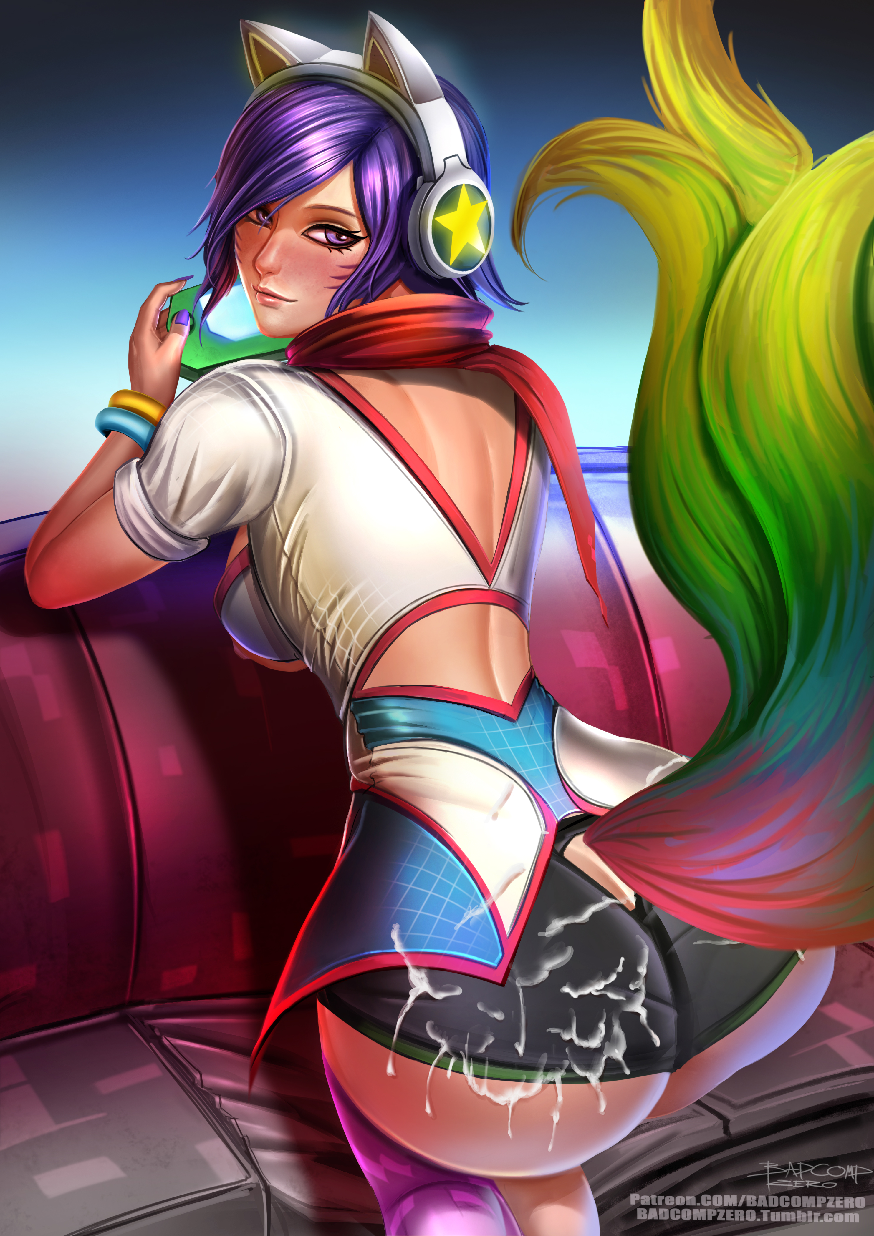 after sex, ahri, arcade ahri, arcade series, badcompzero, cat ear headphones, female, fox, headphones, league of legends, purple eyes, purple hair