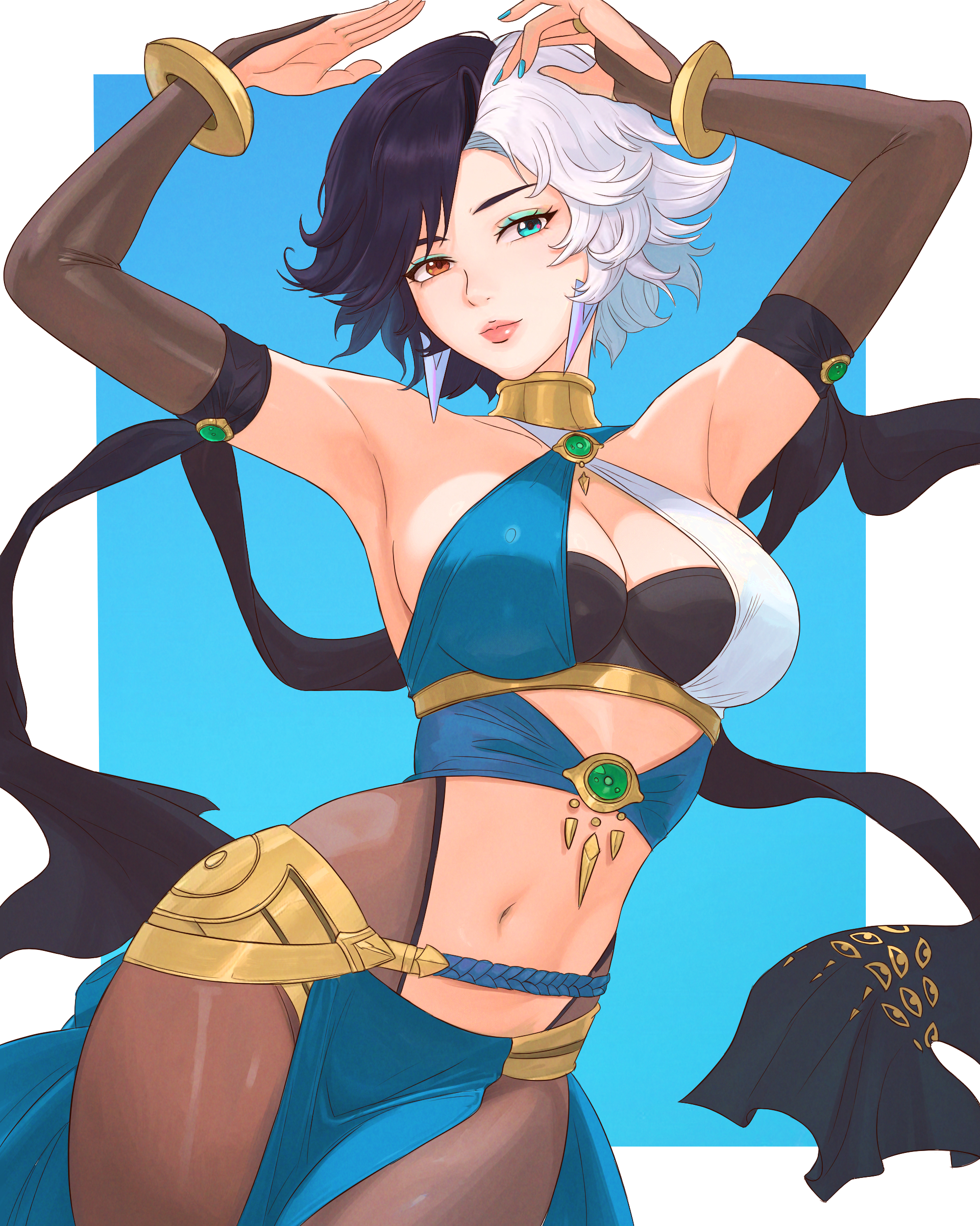 1girls, armpits, arms up, breasts, cleavage, female, female only, luna snow, luna snow (marvel rivals), marvel, marvel comics, marvel rivals, multicolored eyes, multicolored hair, plegian, thighhighs, trujek