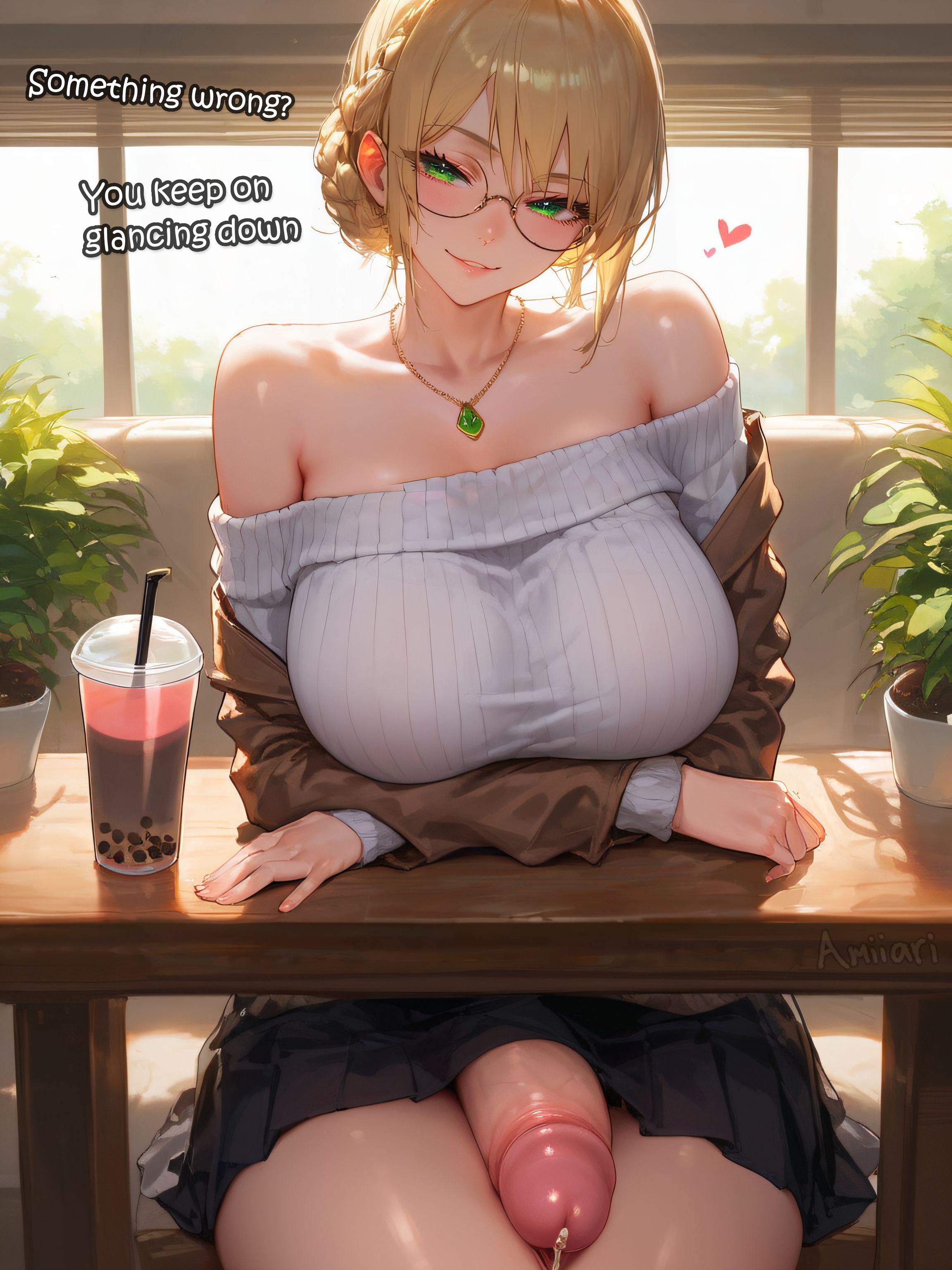 1futa, absurd res, ade (nikke), ai generated, amiiari, arms crossed, ass bigger than head, big breasts, big penis, black glasses, blonde futa, blonde hair, blonde only, boba tea, breasts, bubble tea, cafe, casual, casual nudity, covered balls, covered breasts, date, detailed, dickgirl, dripping, erection, exposed penis, facing viewer, first date, futa only, futanari, glasses, goddess of victory: nikke, green eyes, hair bun, head tilt, heart, highres, huge cock, intersex, jacket, large breasted futa, large breasts, long penis, looking at viewer, necklace, off shoulder, off shoulder sweater, penis, penis to the knees, penis under skirt, penis under table, pov, precum, precum drip, precum string, realistic breast size, ribbed sweater, sitting, skindentation, skirt, solo, solo futa, sweater, table, text, thick thighs, viewer pov, voluptuous, wide hips