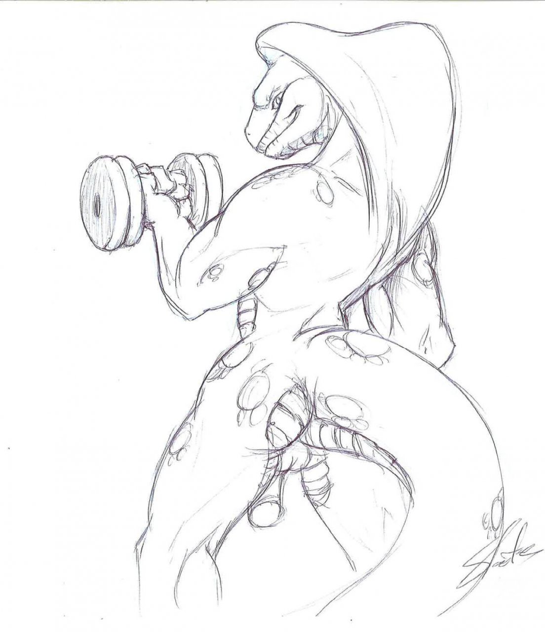 2010 anthro backsack balls biceps biped black_and_white cobbie cobra dumbbell exercise hi_res holding_object line_art male male_only monochrome muscular muscular_male nude pencil_(artwork) penis portrait rear_view reptile scalie signature simple_background sketch slate snake snake_hood solo standing thick_tail three-quarter_portrait traditional_media_(artwork) weightlifting weights white_background workout