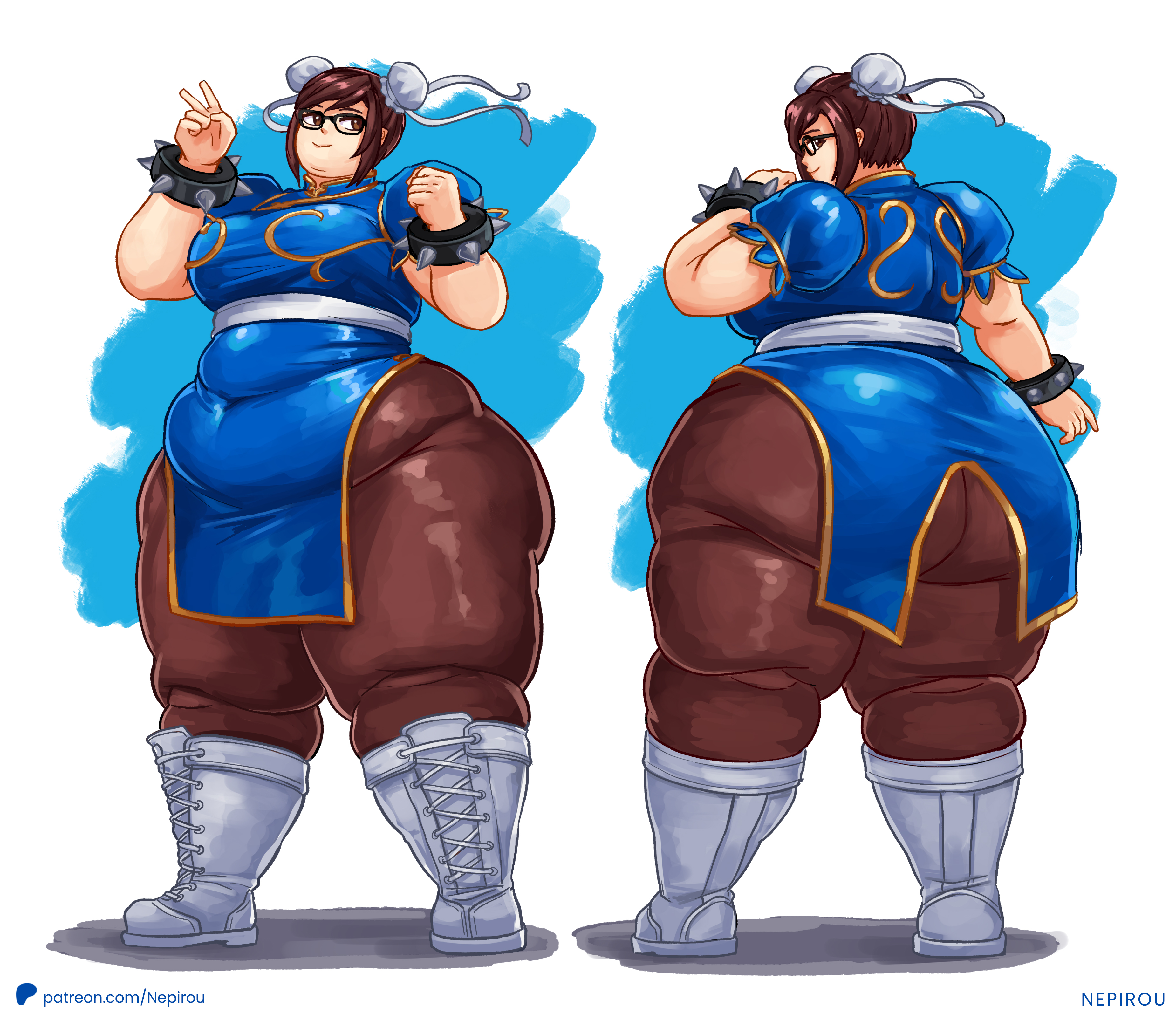 1girls, ass, bbw, belly, blizzard entertainment, boots, bracelet, breasts, brown eyes, brown hair, capcom, chubby, chubby female, chun-li (cosplay), cosplay, fat, female, female focus, female only, glasses, hair bun, hairbun, large ass, large breasts, leggings, looking at viewer, looking back, mei (overwatch), nepirou, overwatch, spiked bracelet, stomach, street fighter, thick thighs, thighs, victory pose, weight gain